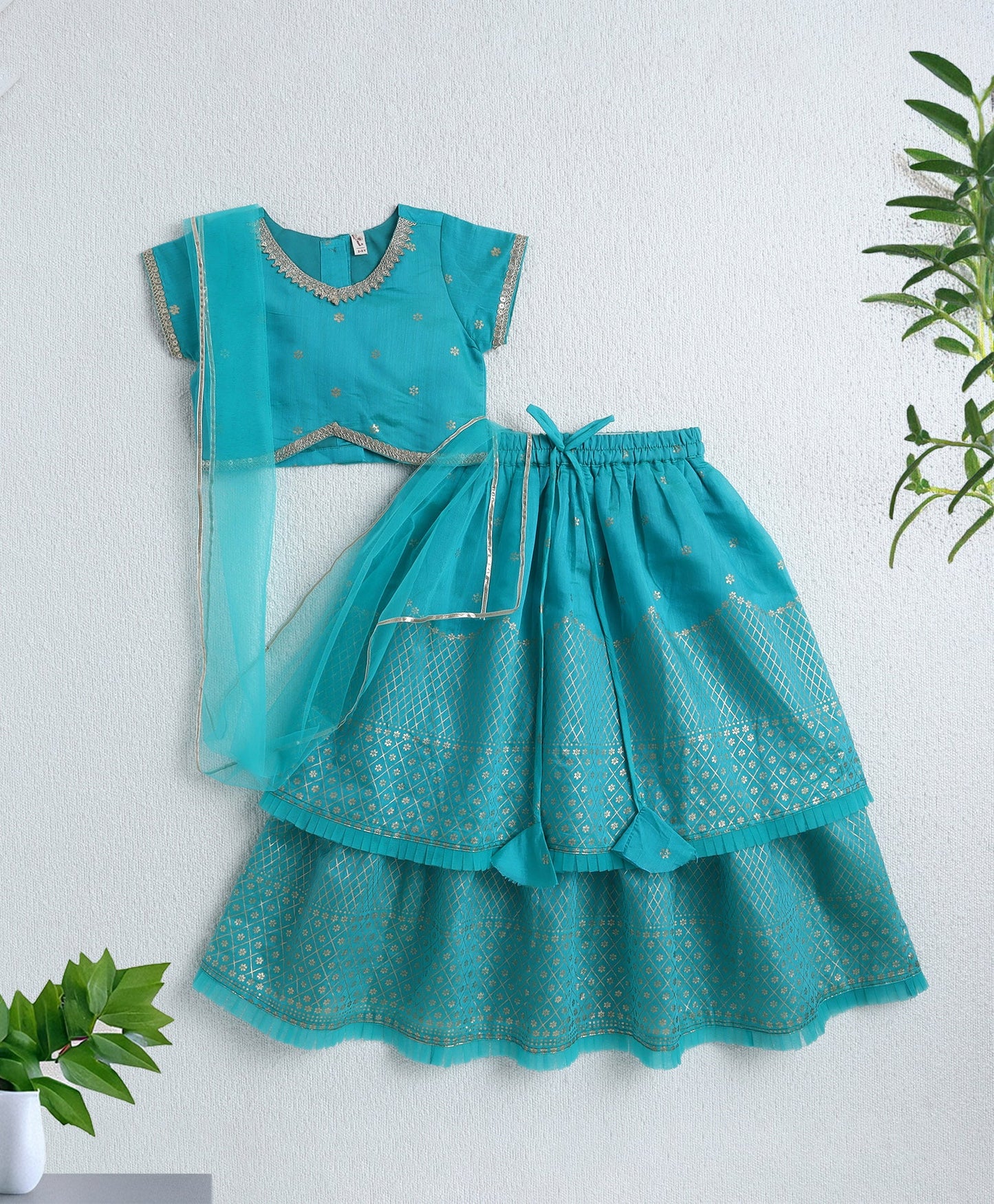 The Magic Wand Woven Half Sleeves Lace Foil Printed Lehenga and Choli with Dupatta Set- Blue