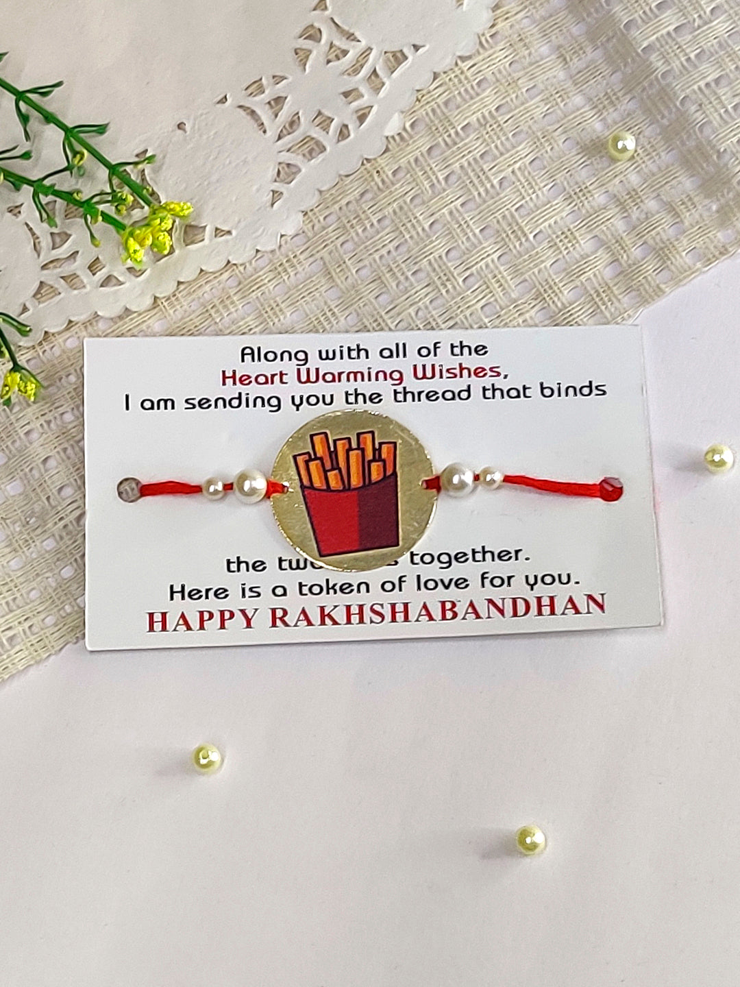 The Magic Wand French Fries Printed Golden Rakhi - Maroon
