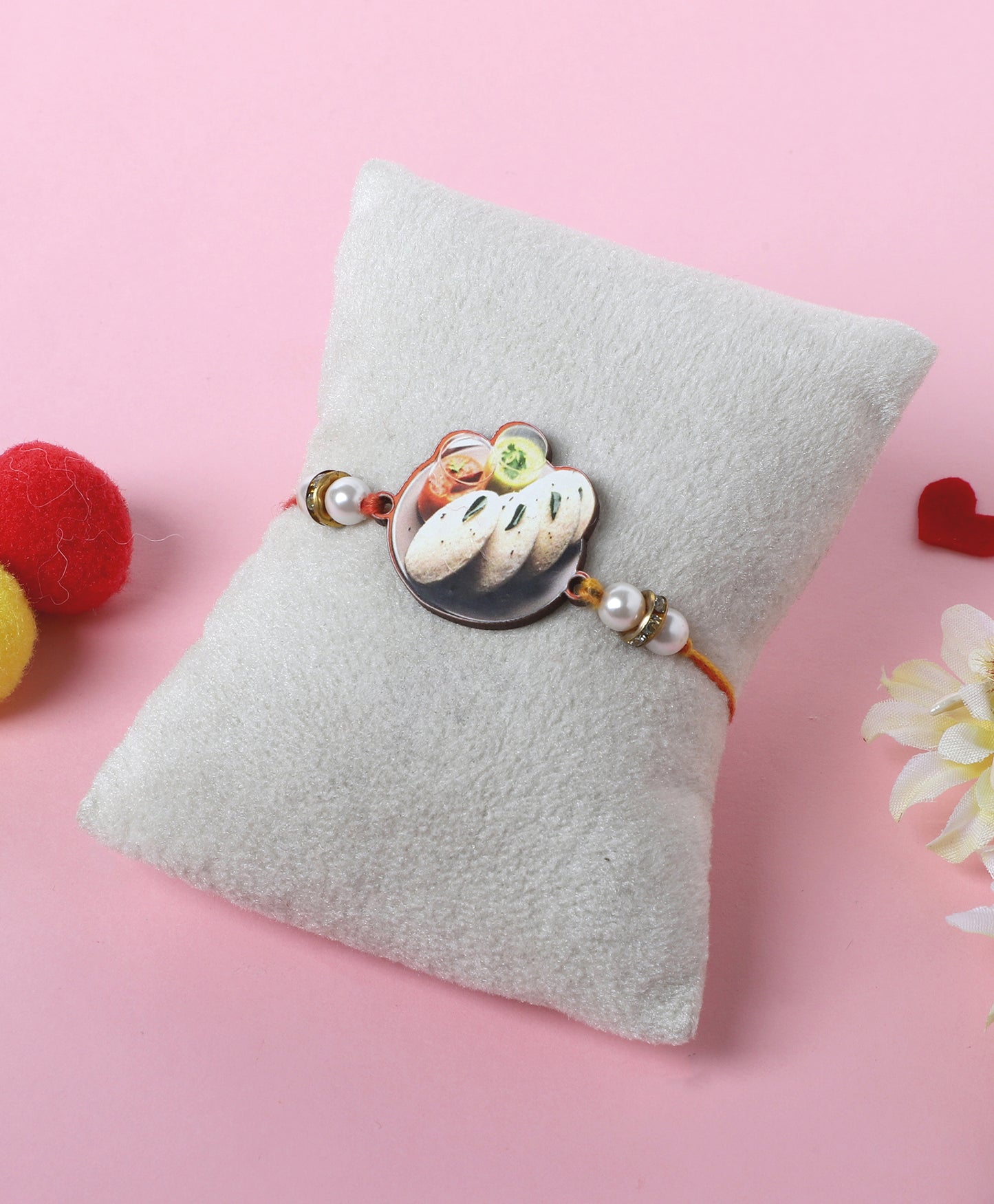 The Magic Wand Trendy Quirky Idli Wooden Rakhi With Pearls Embelishement-Multi