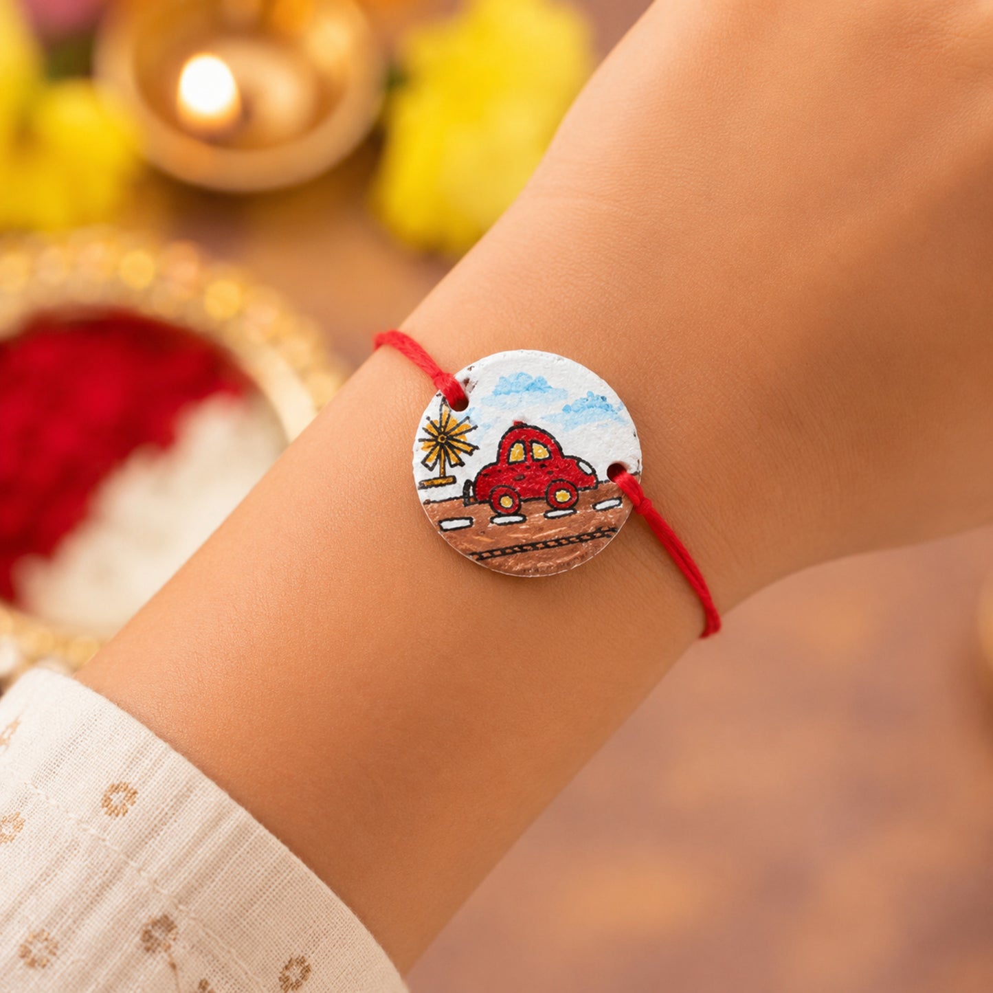 The Magic Wand Trendy Car Hand Painted Wooden Rakhi For Kids-Multi