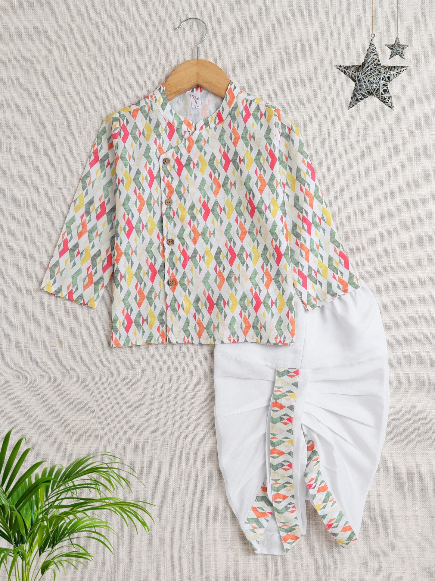 Full Sleeves Ikat Printed Kurta & Dhoti Set - Multi Colour