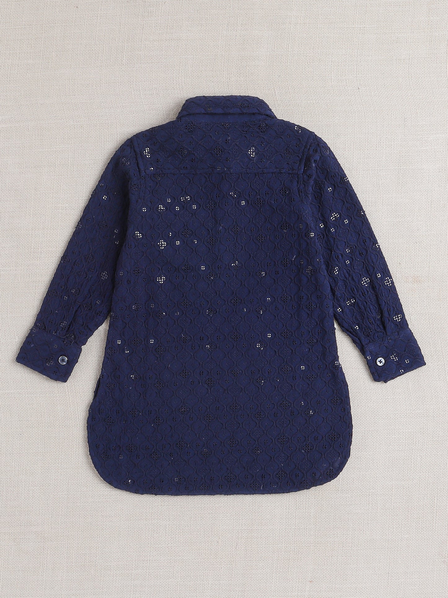 Rayon Full Sleeves Ethnic Embroidered Sequins Embellished Pathani Kurta & Pyjama Set - Navy Blue