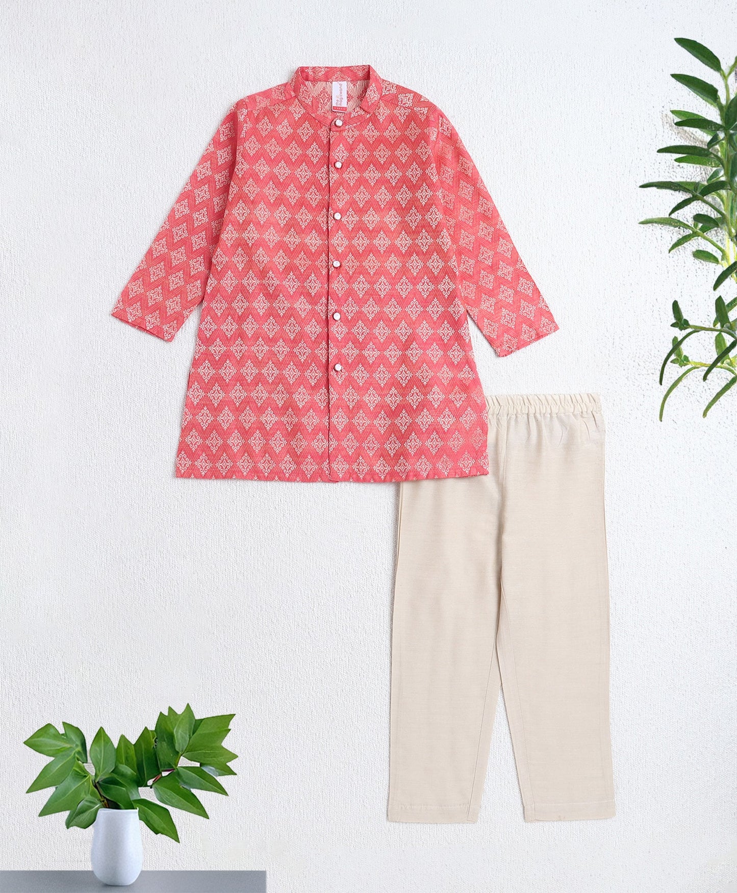 The Magic Wand Woven Full Sleeves AII Over Printed Kurta and Pyjama Set- Peach