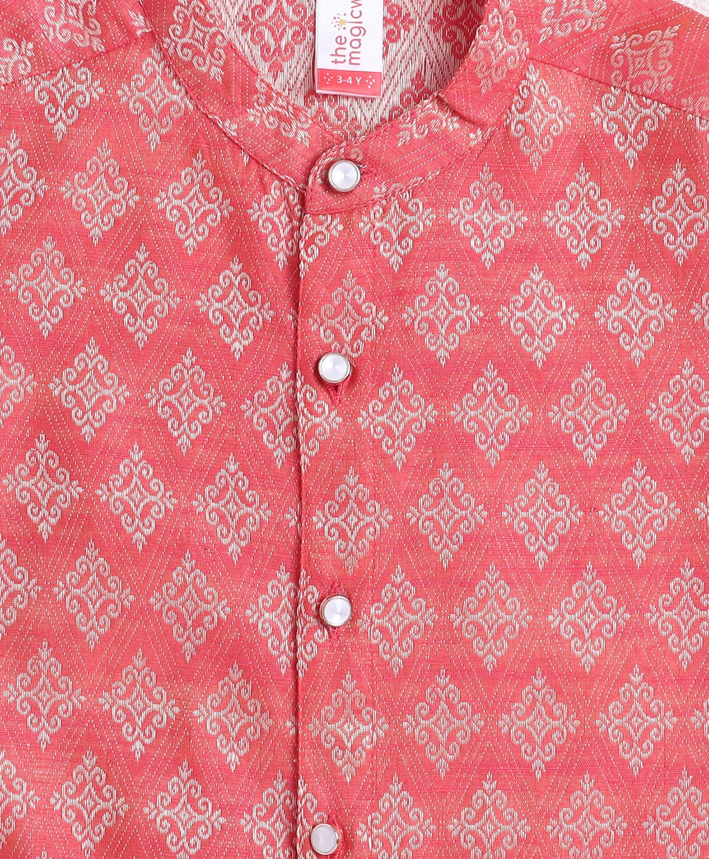 The Magic Wand Woven Full Sleeves AII Over Printed Kurta and Pyjama Set- Peach