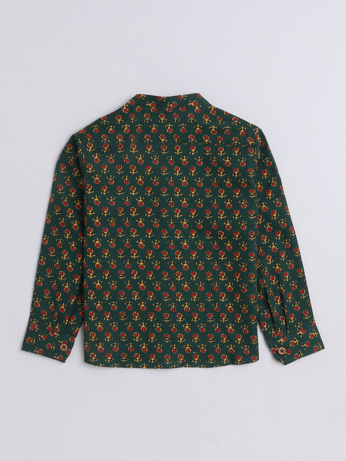 Full Sleeves Cotton Jaipuri Floral Motif Printed Chinese Collared Shirt-Green