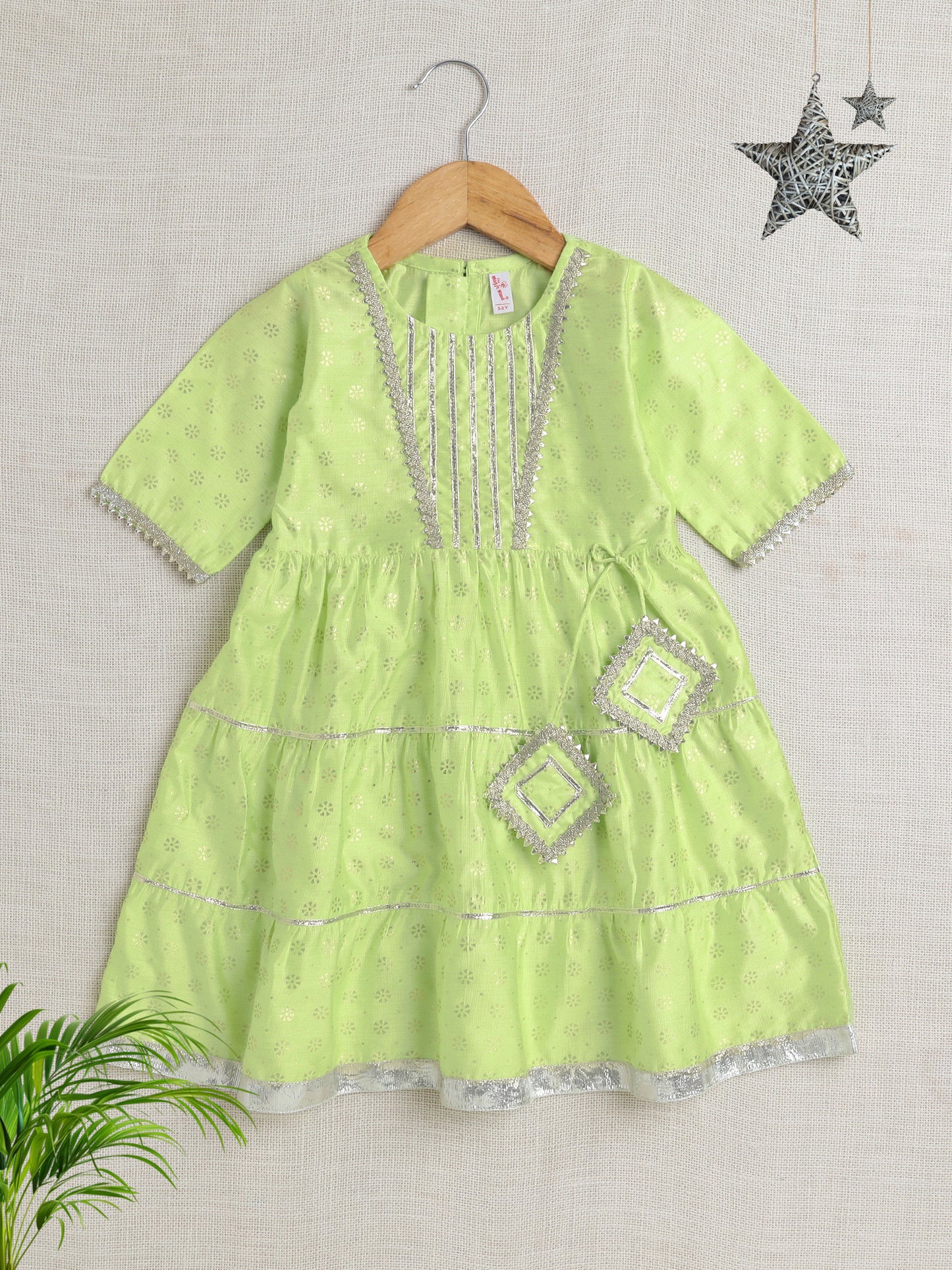 Short Sleeves Foil Print Ethnic Dress- Green