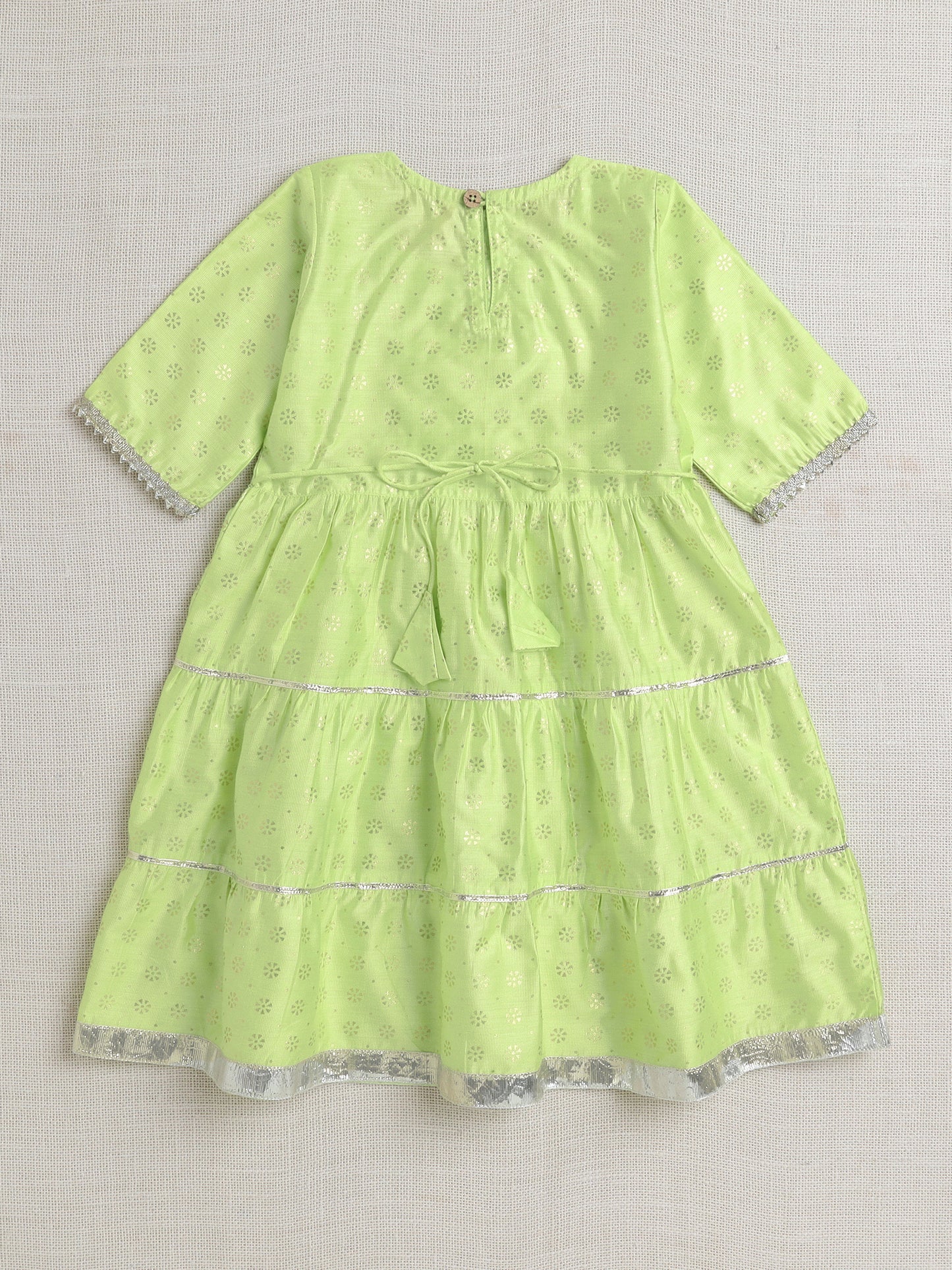Short Sleeves Foil Print Ethnic Dress- Green