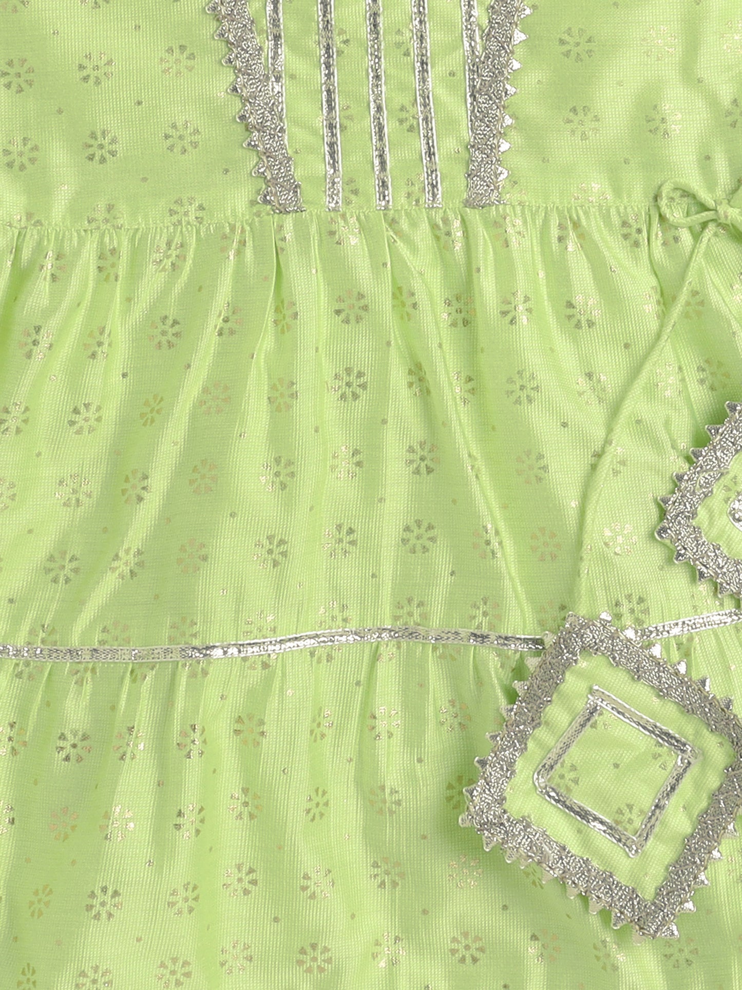 Short Sleeves Foil Print Ethnic Dress- Green