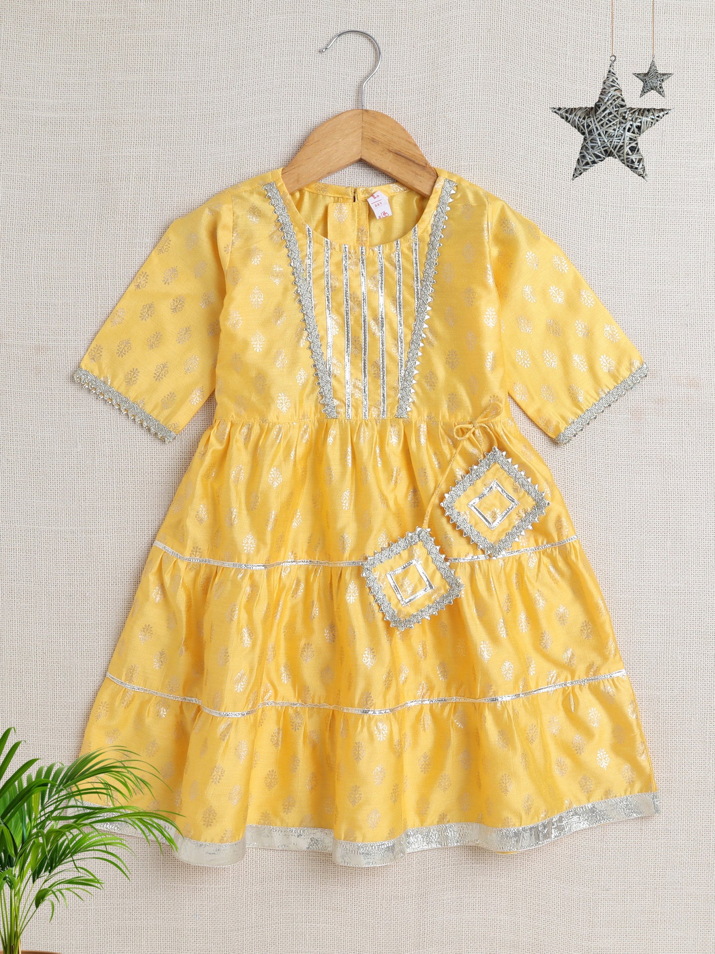 Short Sleeves Foil Print Ethnic Dress- Yellow