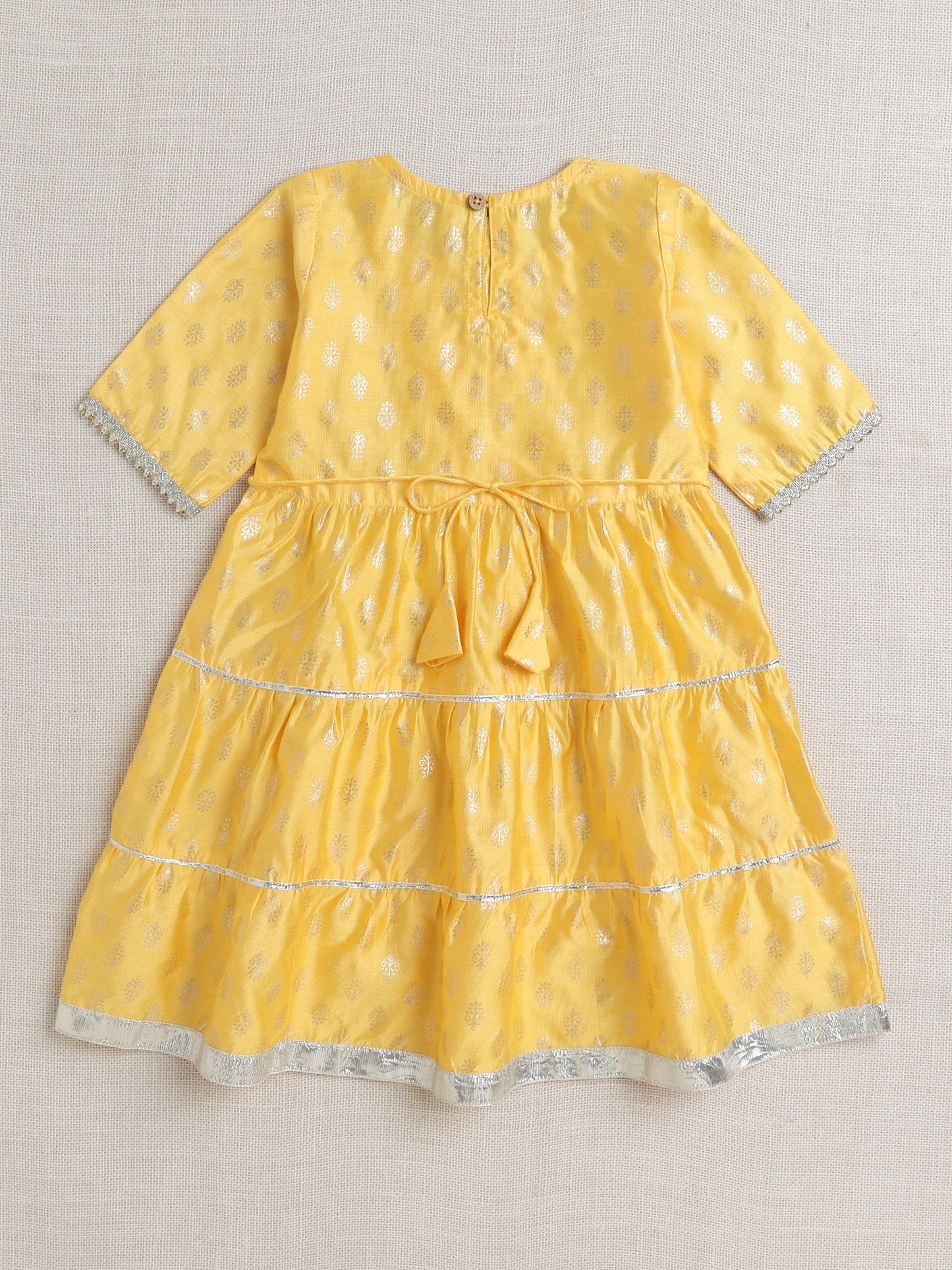 Short Sleeves Foil Print Ethnic Dress- Yellow