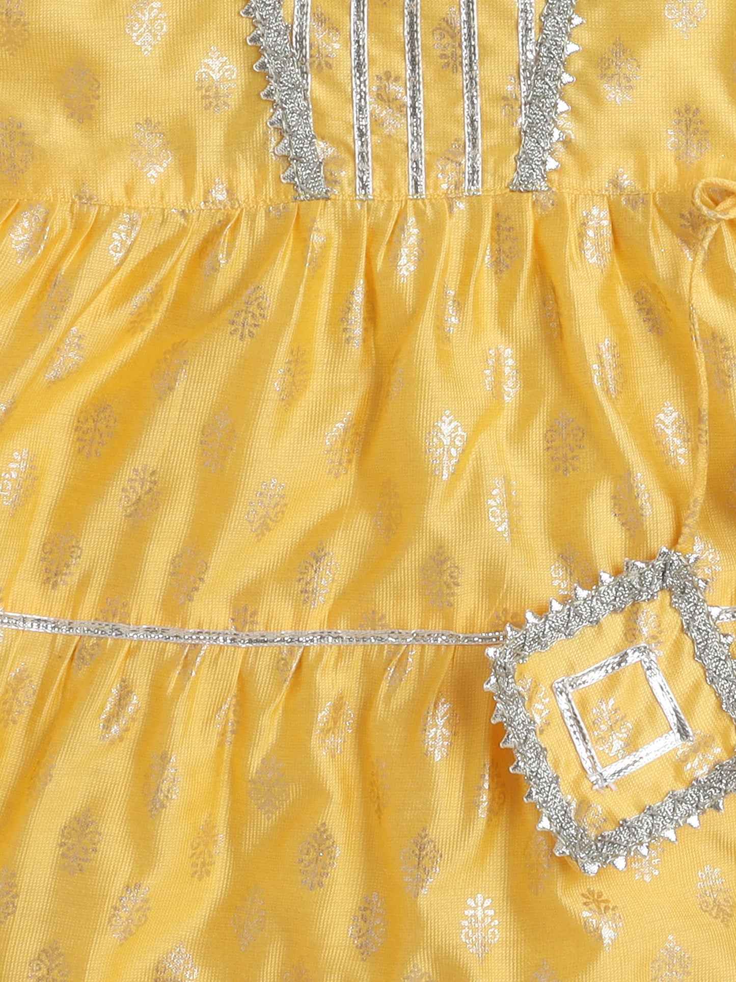 Short Sleeves Foil Print Ethnic Dress- Yellow