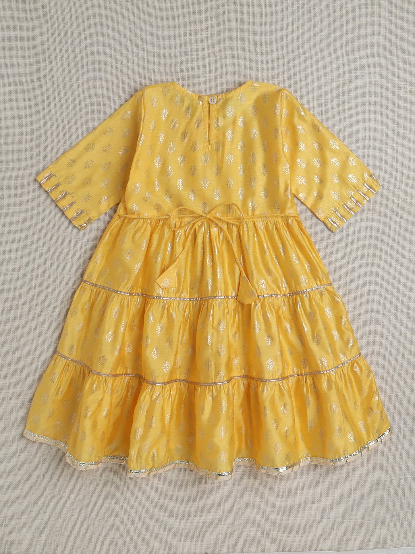 Half Sleeves Lace Embellished Floral Motif Foil Printed Coordinating Kurta & Salwar Set - Yellow