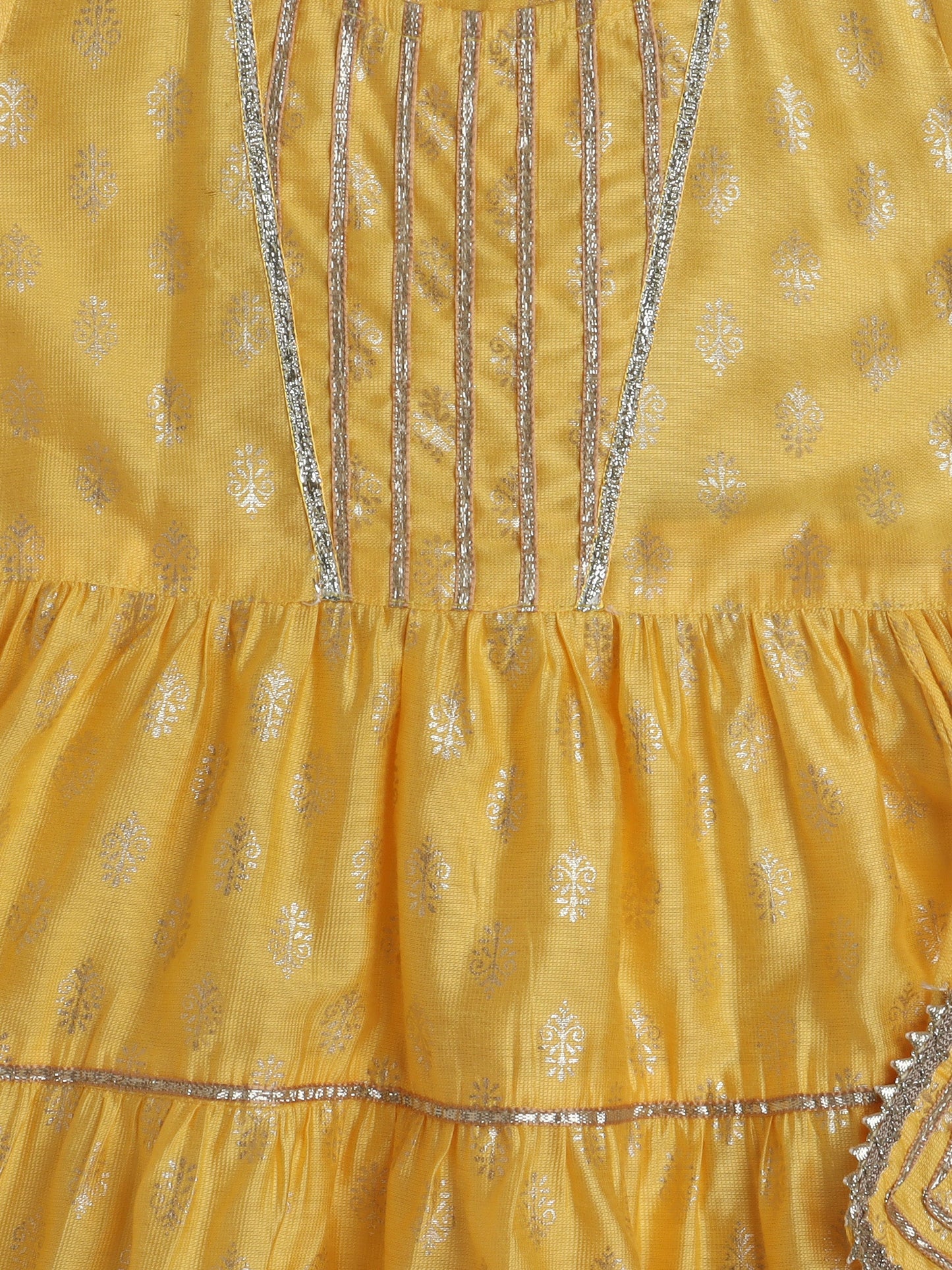 Half Sleeves Lace Embellished Floral Motif Foil Printed Coordinating Kurta & Salwar Set - Yellow