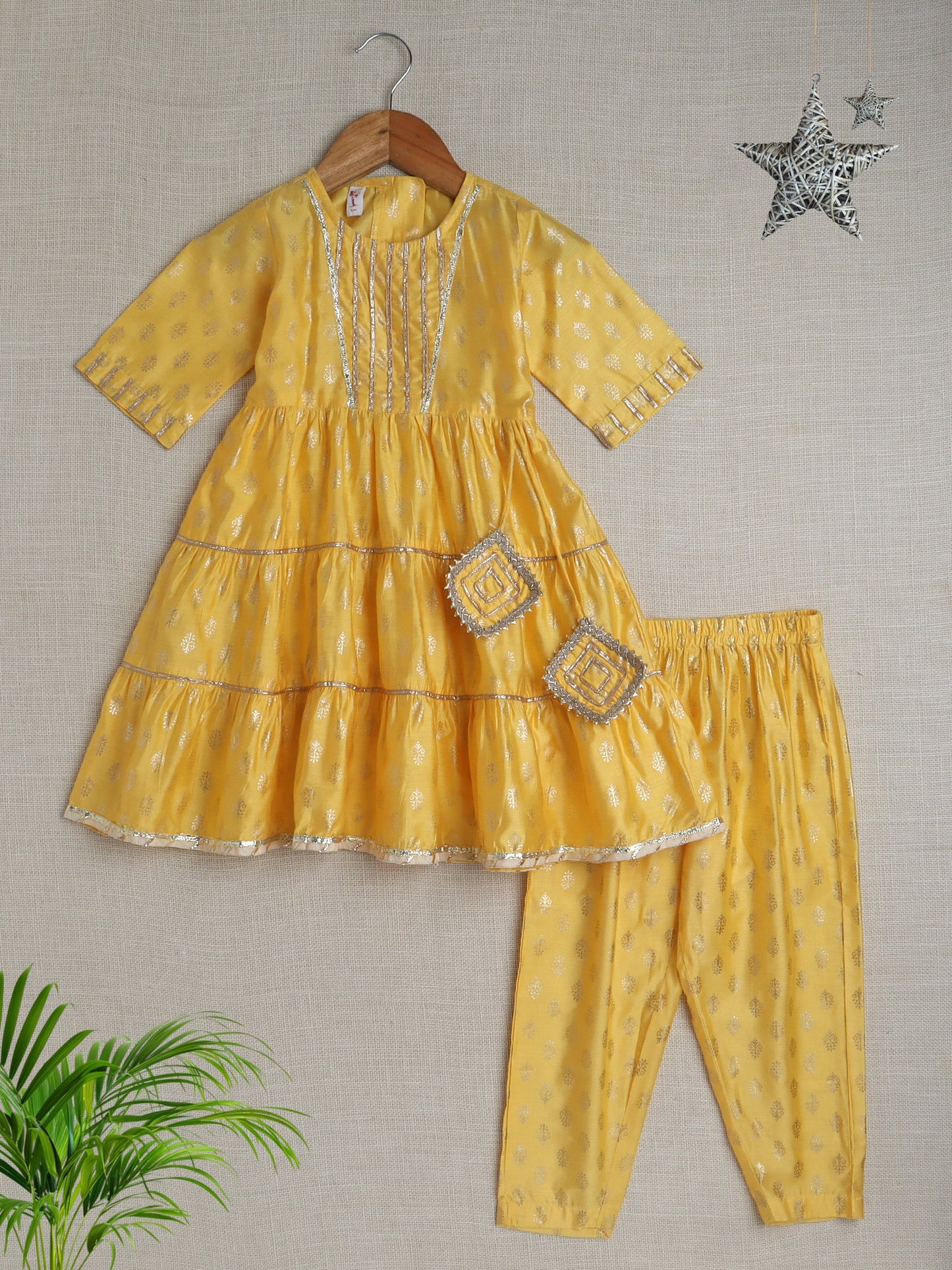 Half Sleeves Lace Embellished Floral Motif Foil Printed Coordinating Kurta & Salwar Set - Yellow