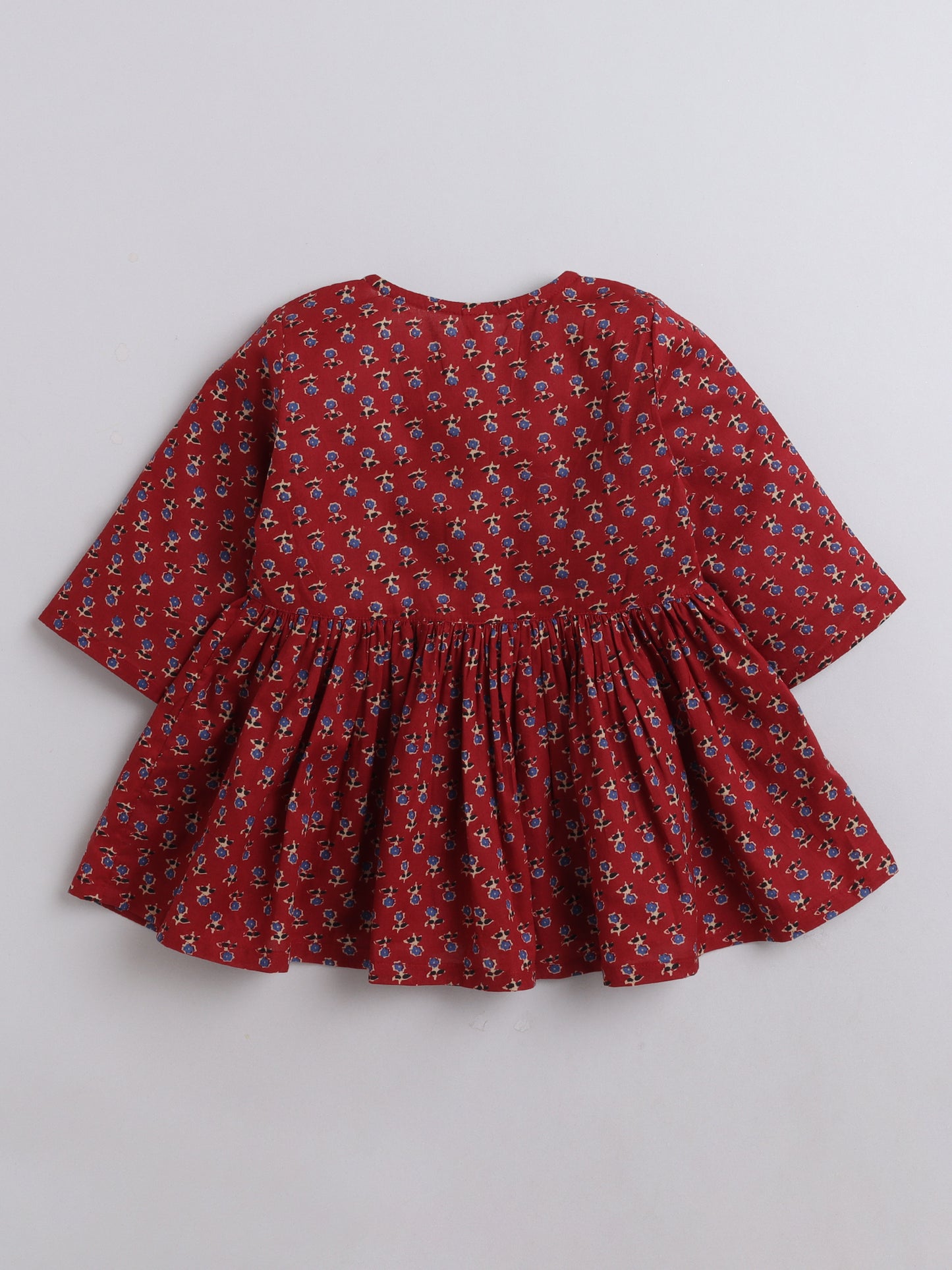3/4th Sleeves Cotton Floral Printed Gathered Top & Pant Set Maroon