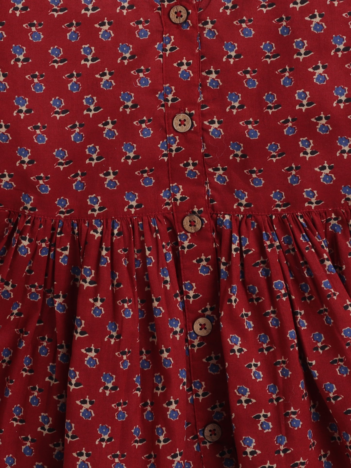 3/4th Sleeves Cotton Floral Printed Gathered Top & Pant Set Maroon