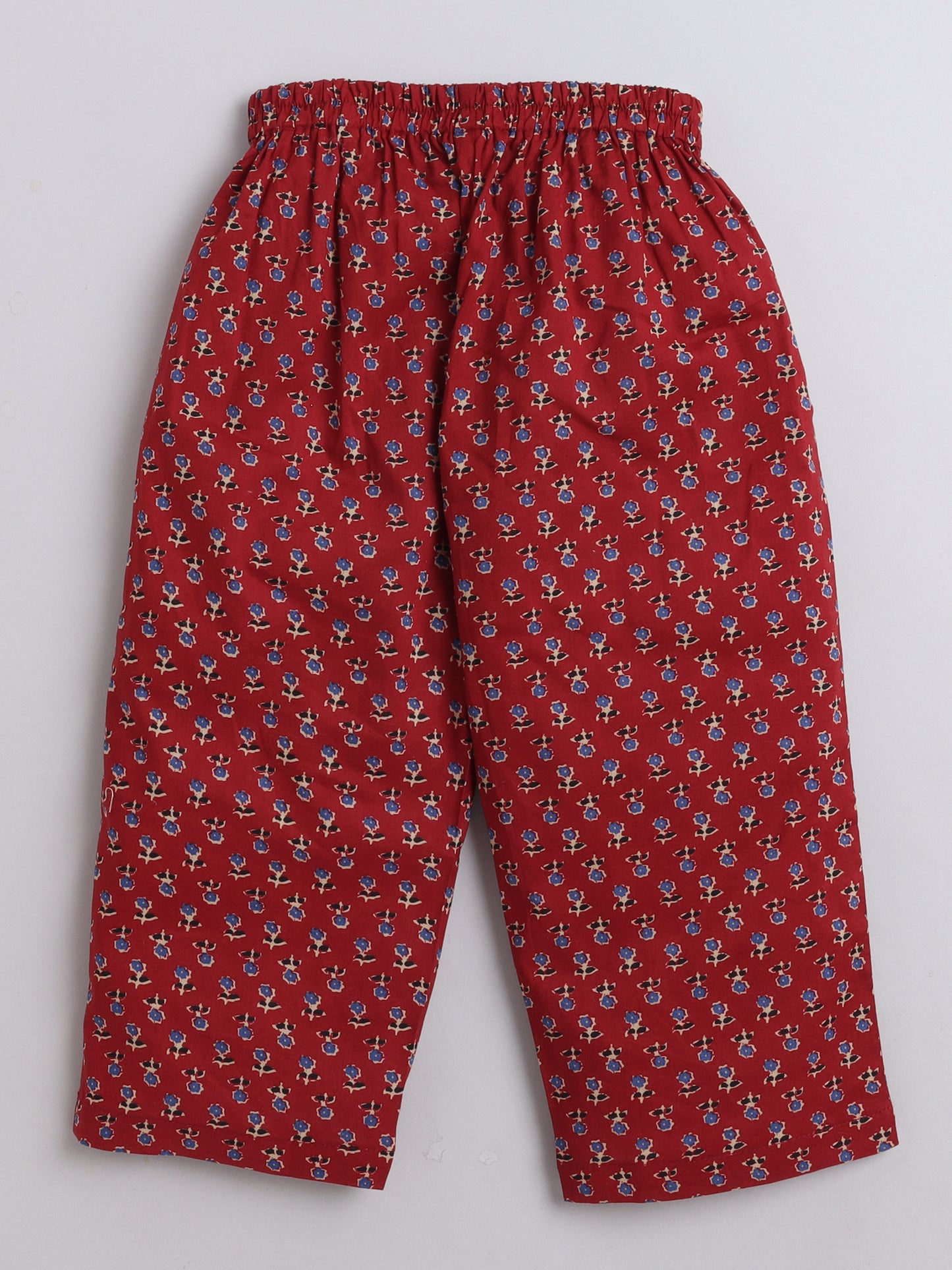 3/4th Sleeves Cotton Floral Printed Gathered Top & Pant Set Maroon