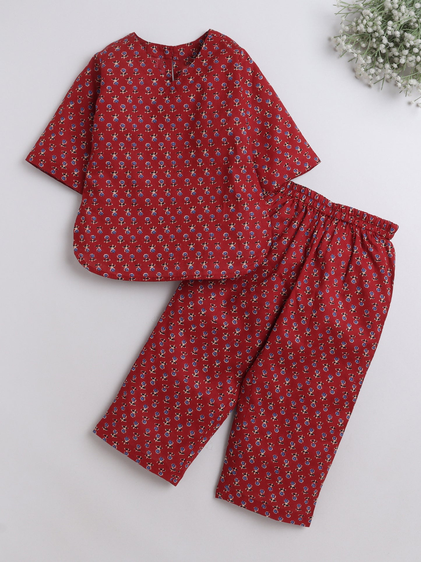3/4th Sleeves Cotton Floral Printed Top With Pant Lounge Wear Set Maroon