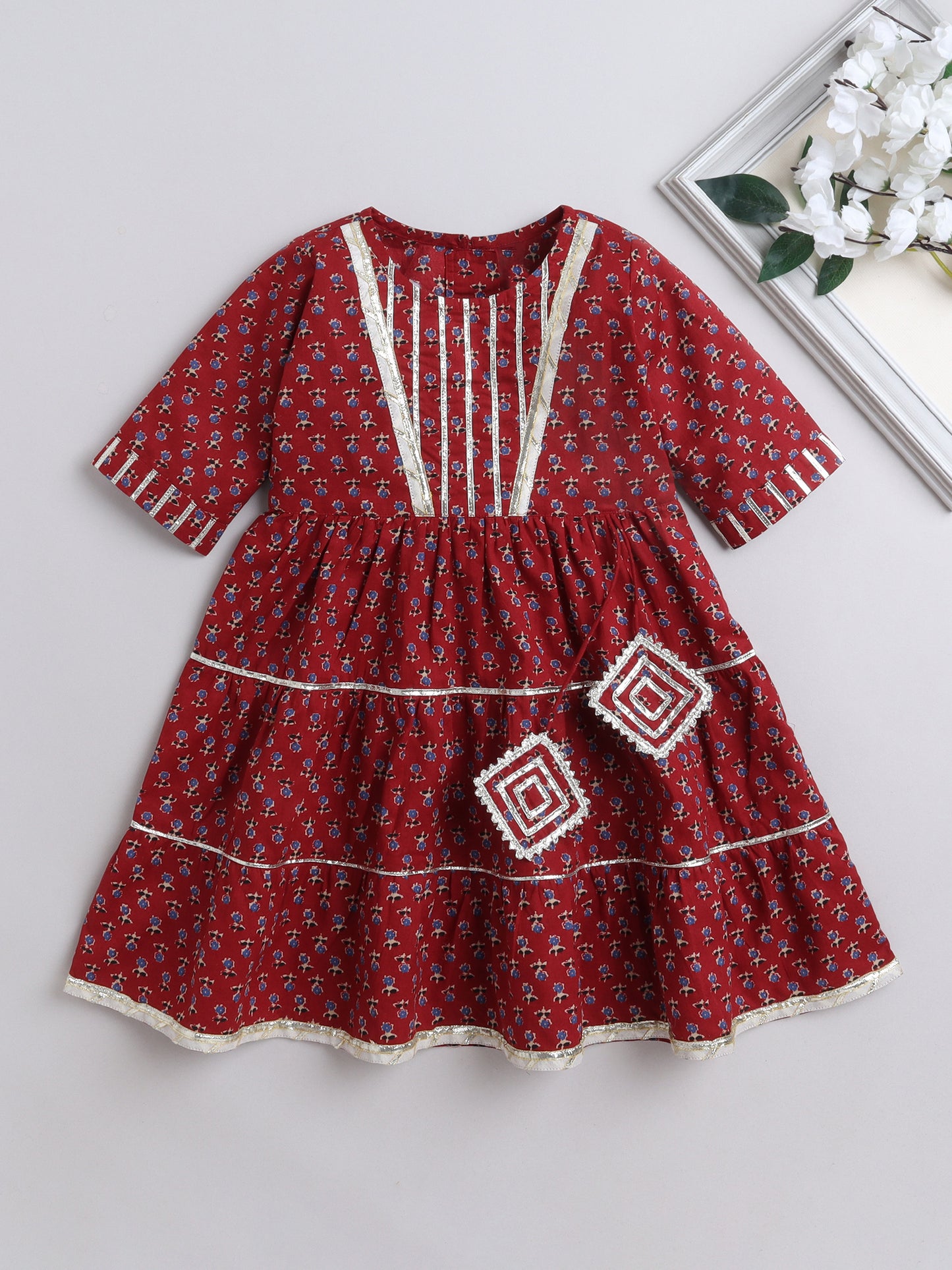 The Magic Wand Three Forth Sleeve Floral Printed Dress-Maroon