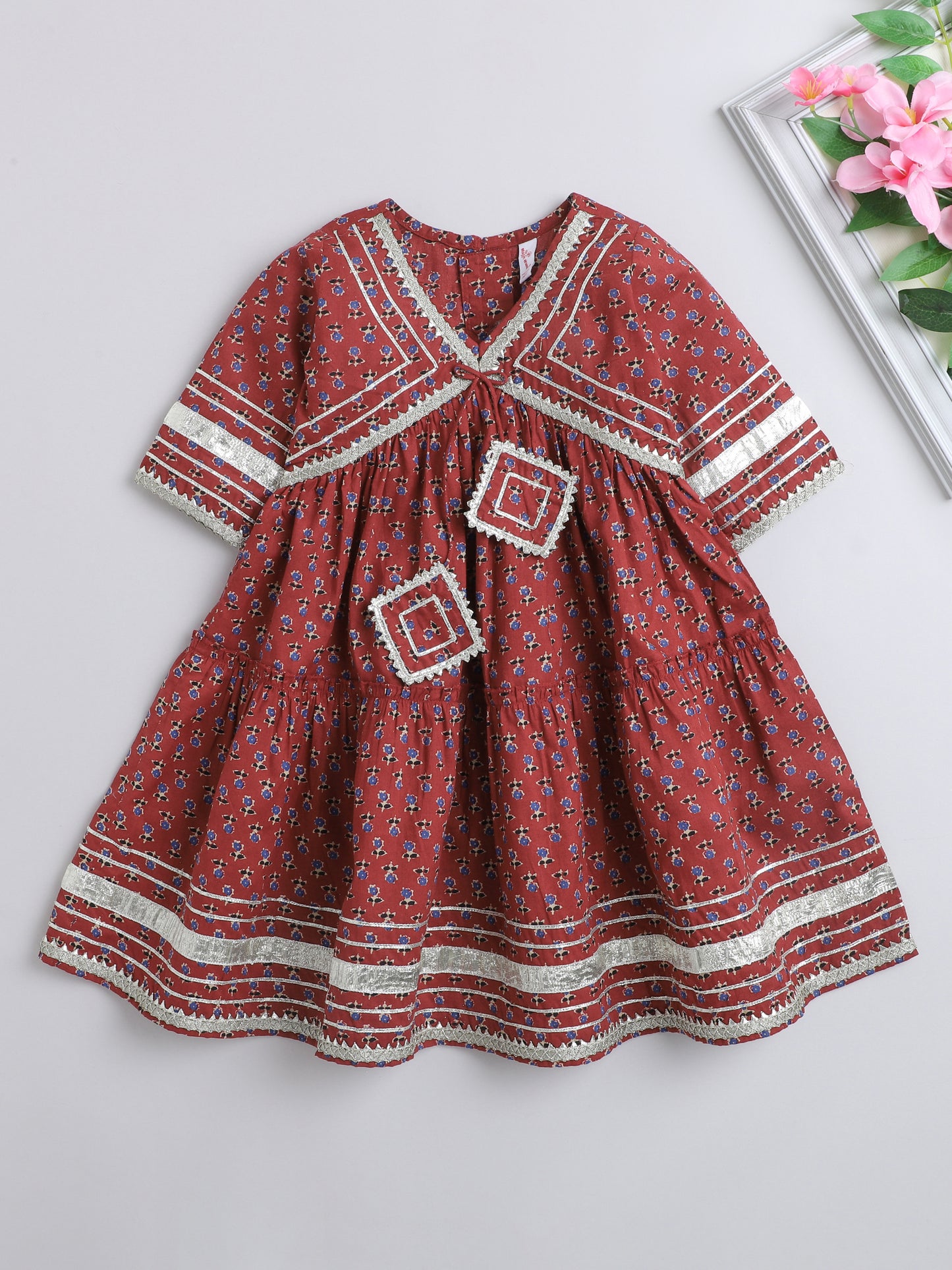 The Magic wand Elbow Sleeve Floral Printed Dress-Maroon