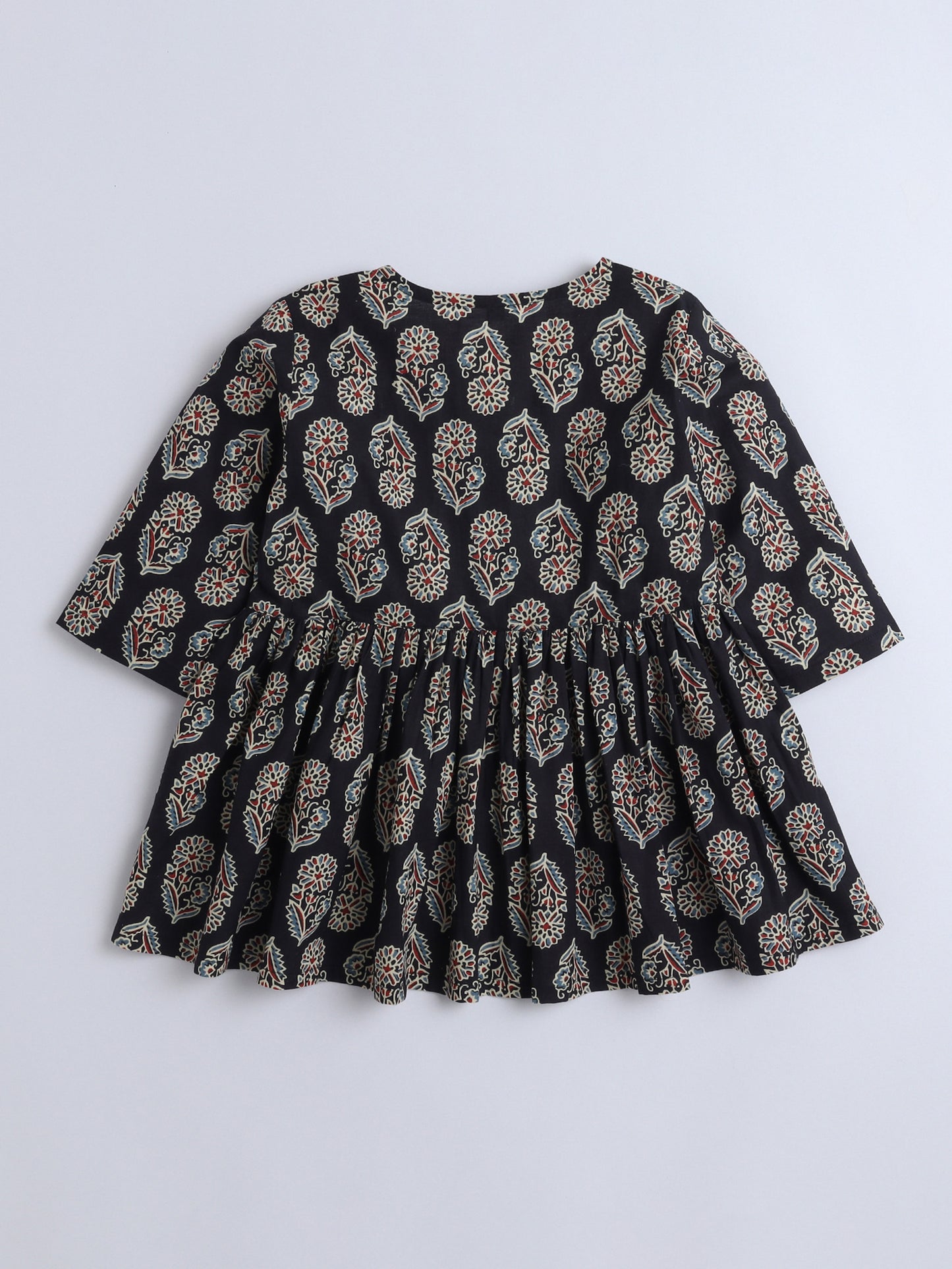 3/4th Sleeves Cotton Floral Printed Gathered Top & Pant Set Black