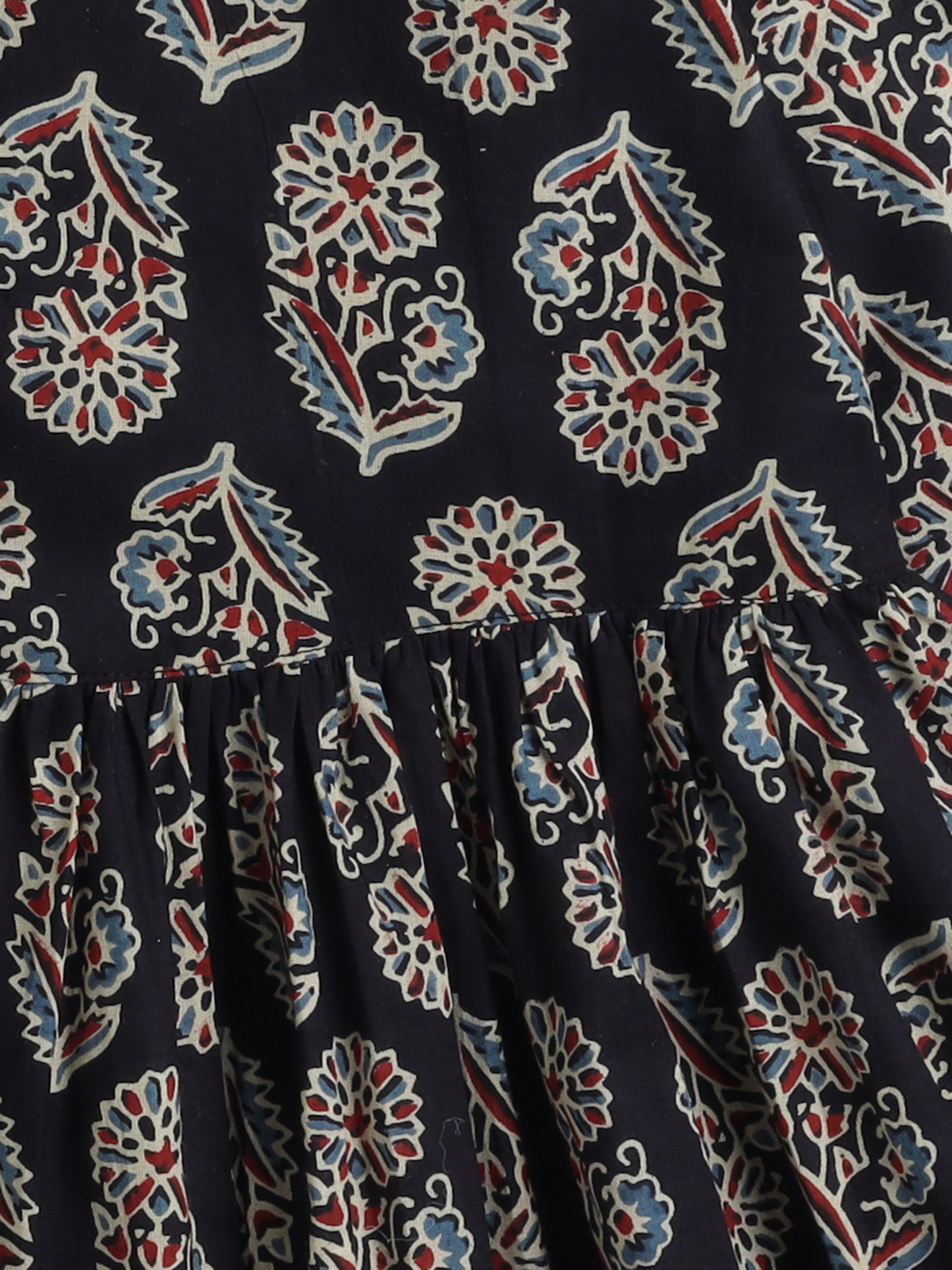 3/4th Sleeves Cotton Floral Printed Gathered Top & Pant Set Black