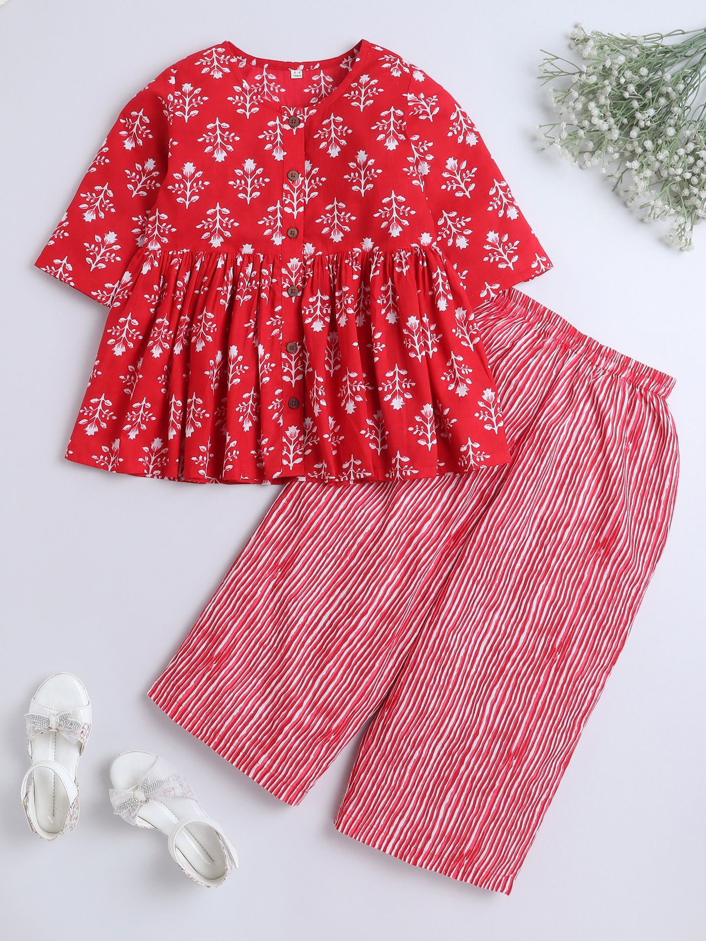 3/4th Sleeves Cotton Floral Printed Gathered Top & Pant Set Red