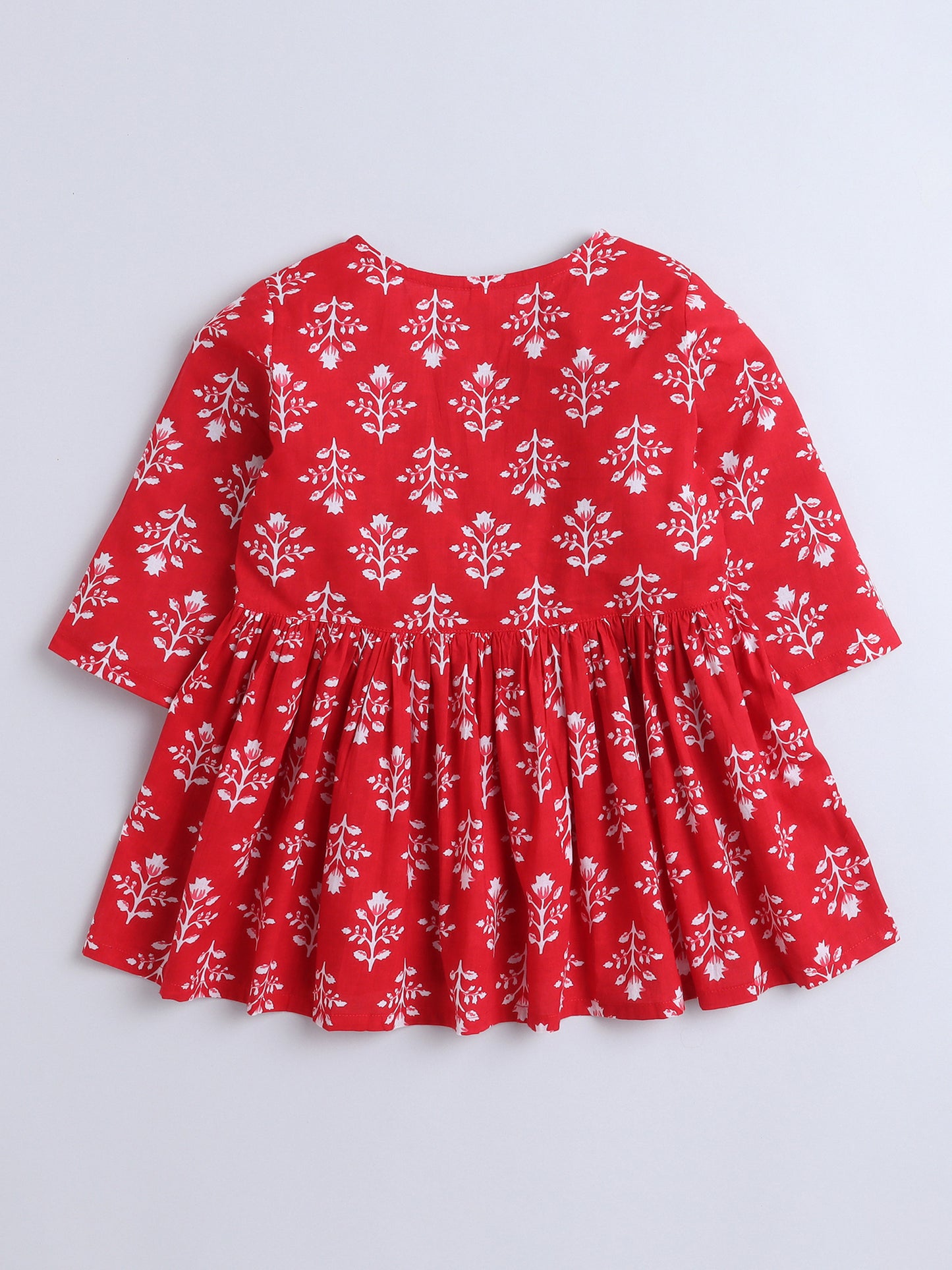 3/4th Sleeves Cotton Floral Printed Gathered Top & Pant Set Red