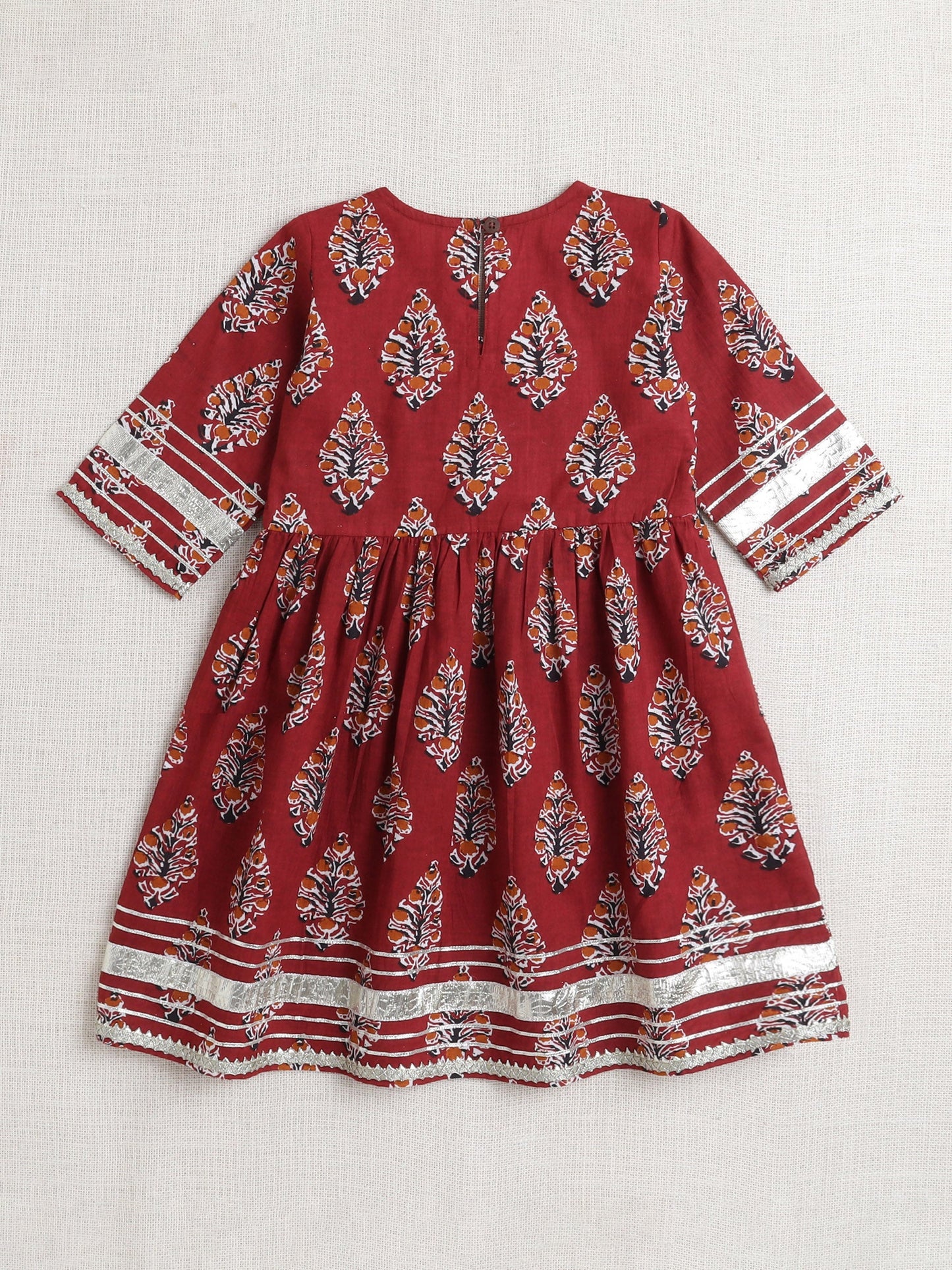 Three Forth Sleeves Floral Printed & Gota Lace Embellished Kurta Set -Maroon