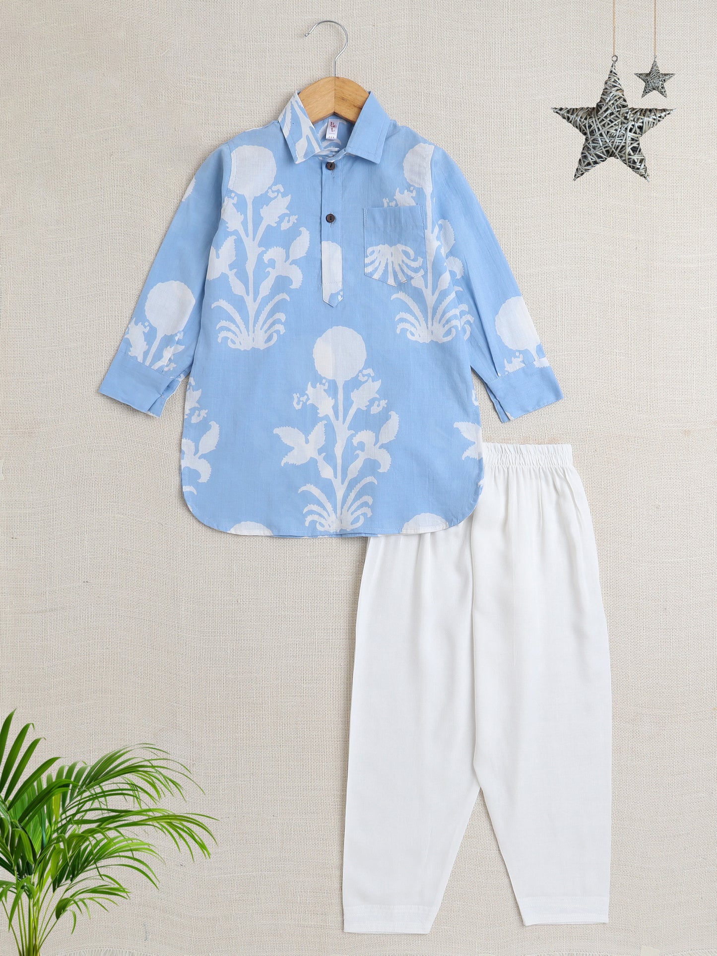 Full Sleeves Floral Print Kurta with Solid Pant - Blue