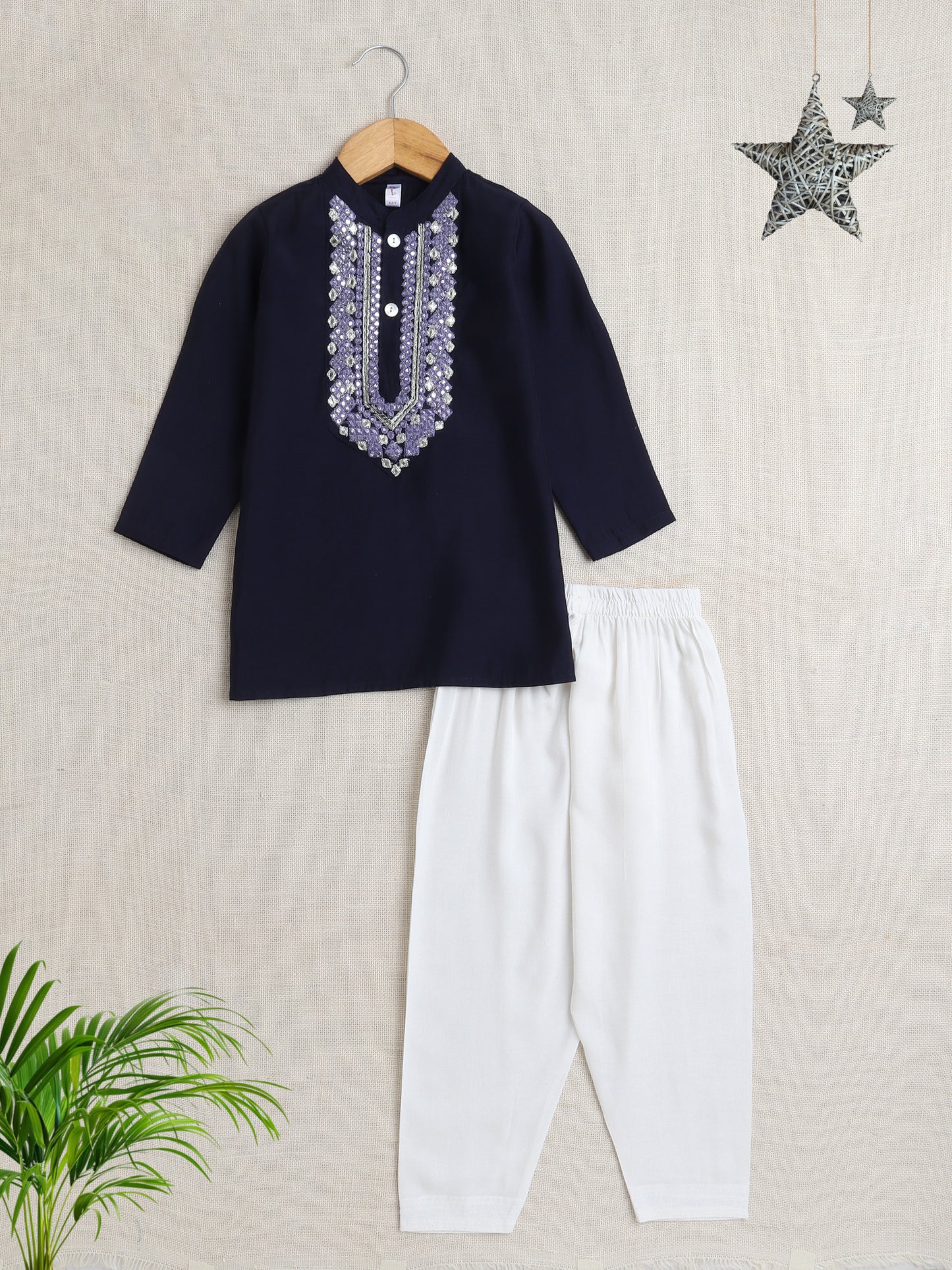 Full Sleeves Embroderied Kurta with Solid Pant Set- Navy Blue