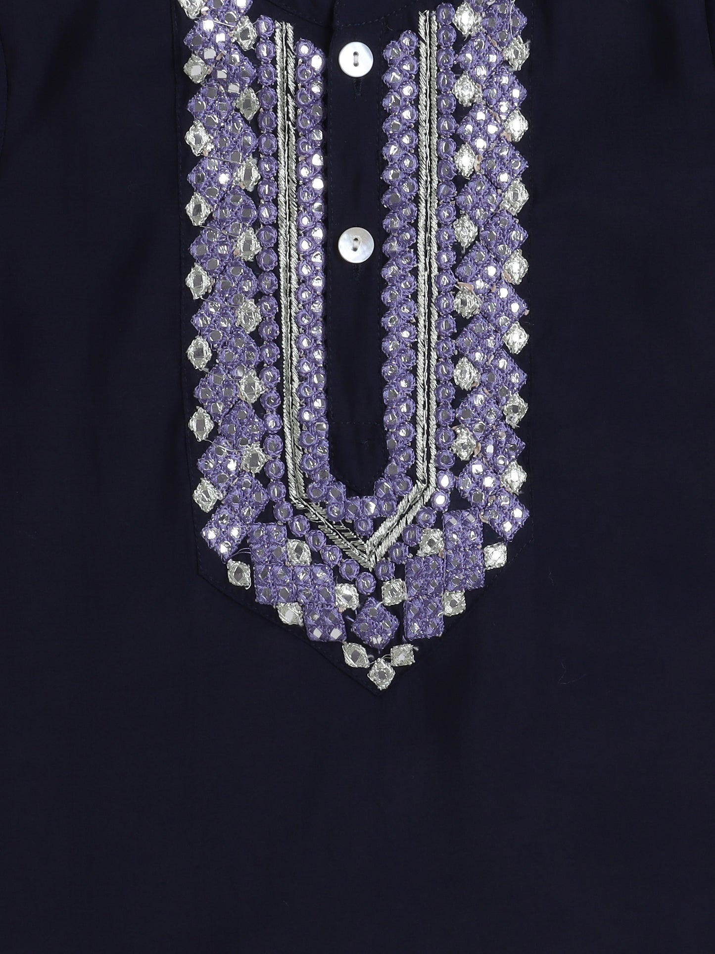 Full Sleeves Embroderied Kurta with Solid Pant Set- Navy Blue