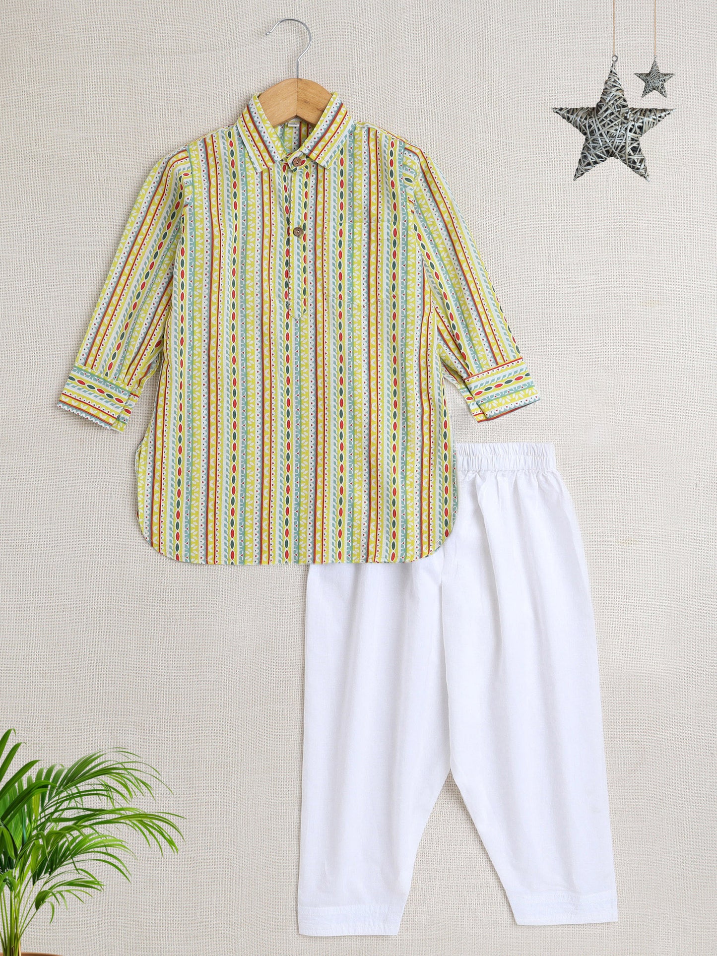 Full Sleeves Stripe Print Kurta Patiala Set- Green