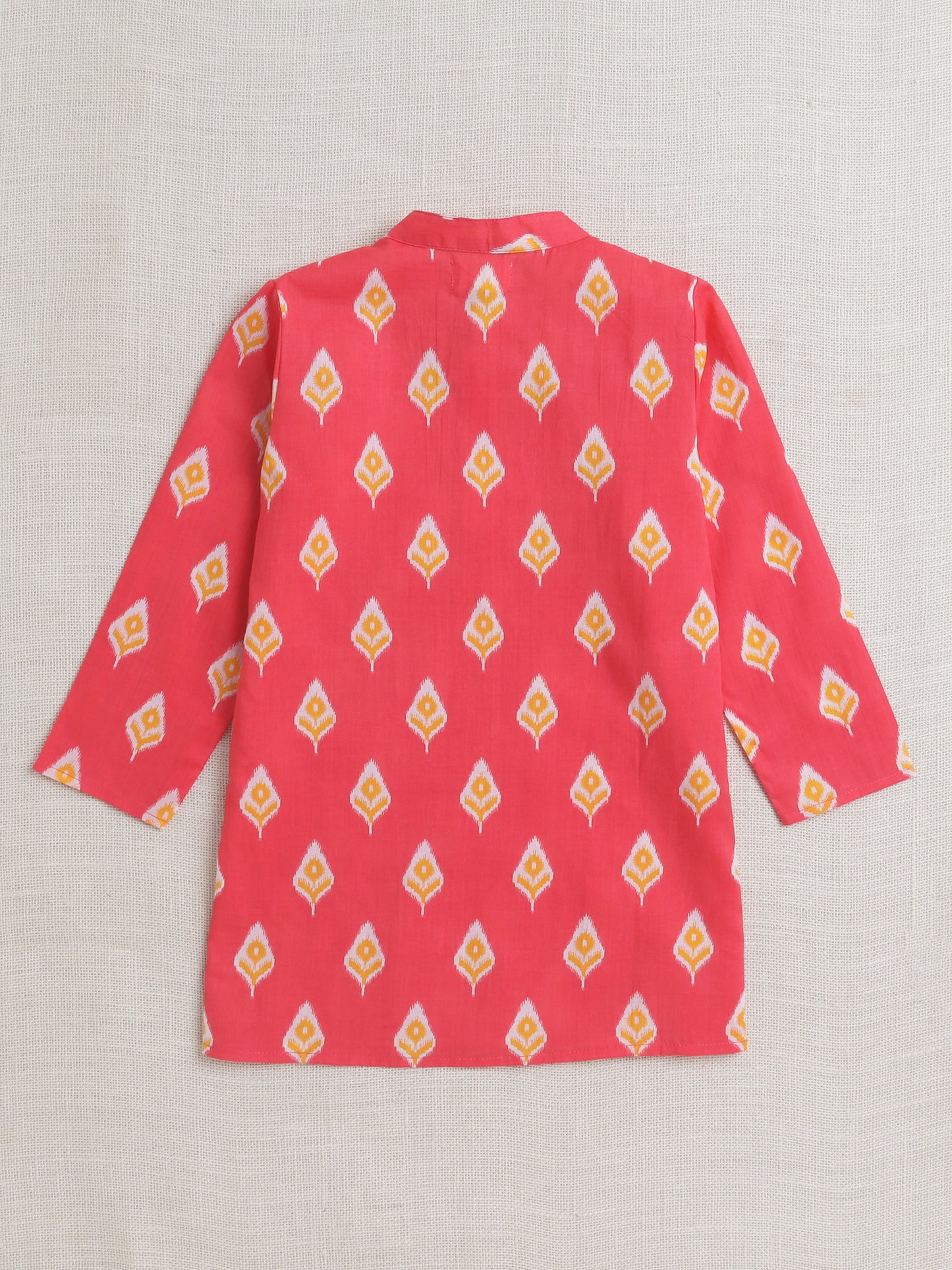 Full Sleeves Ikat Printed Kurta With Pyjama Set - Coral