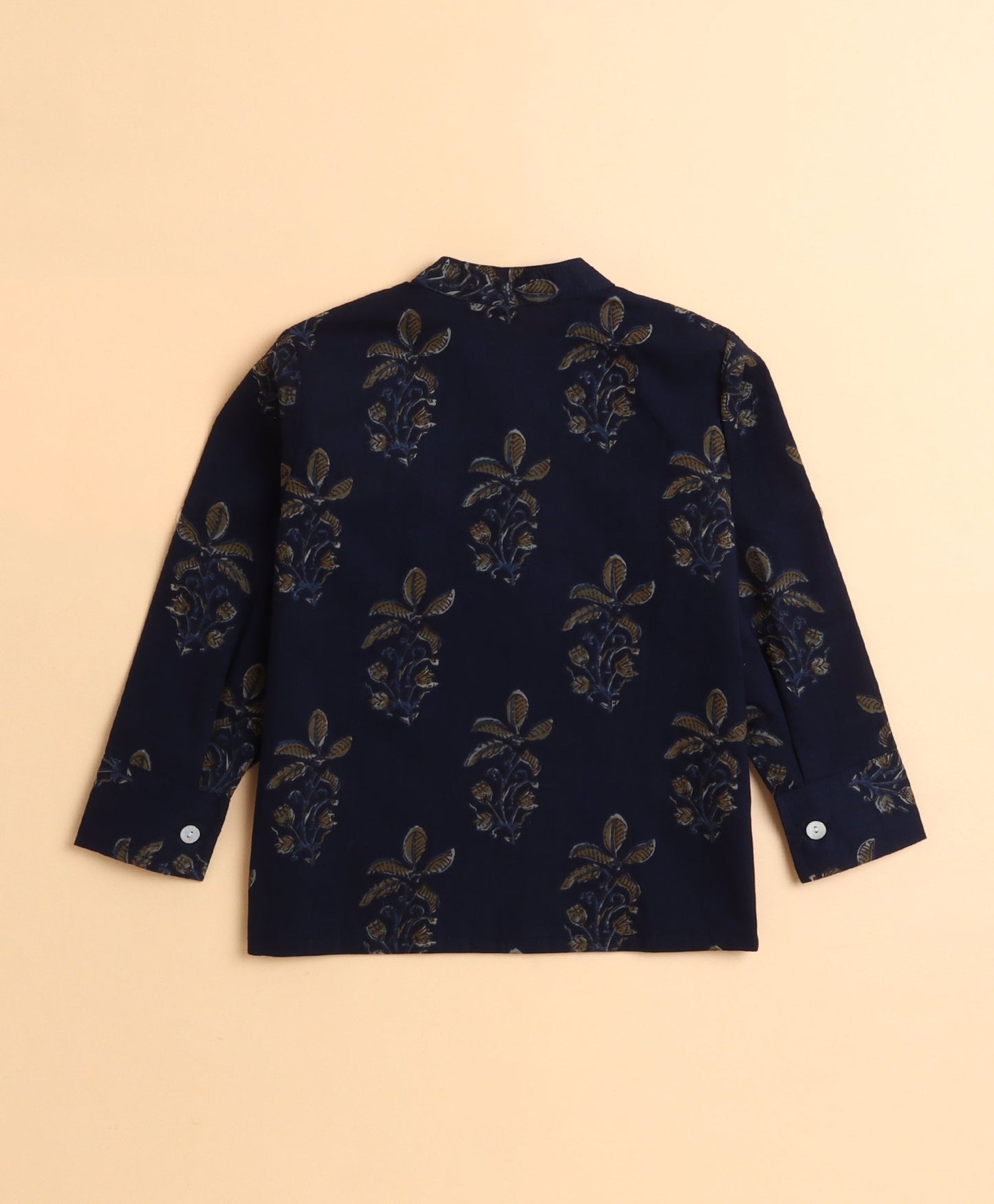 The Magic Wand Cotton Leaf Printed Full Sleeves Short Kurta-Navy Blue
