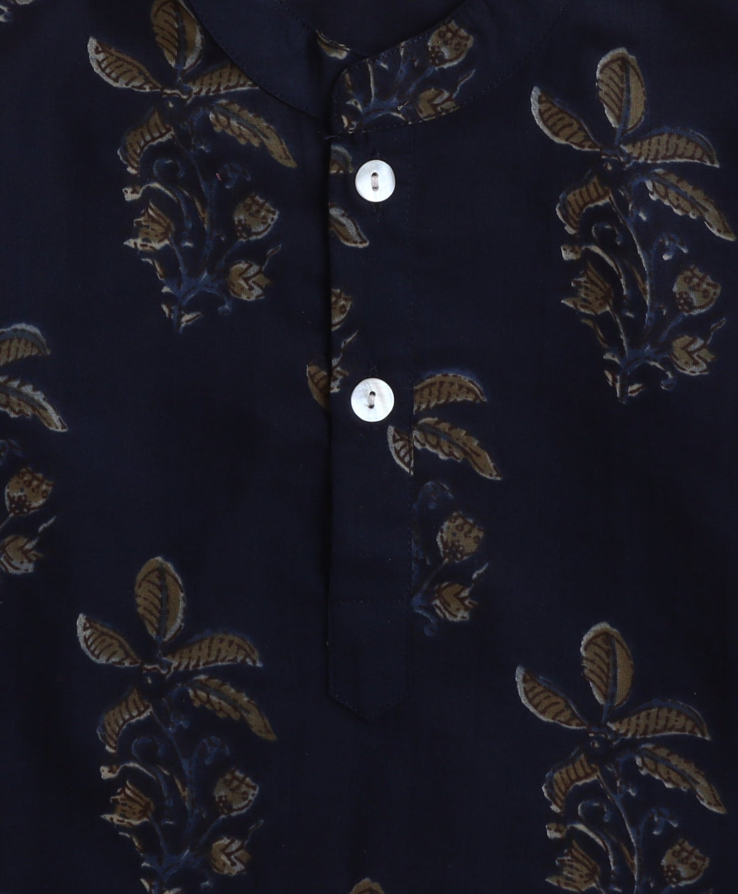 Cotton Leaf Printed Full Sleeves Short Kurta-Navy Blue