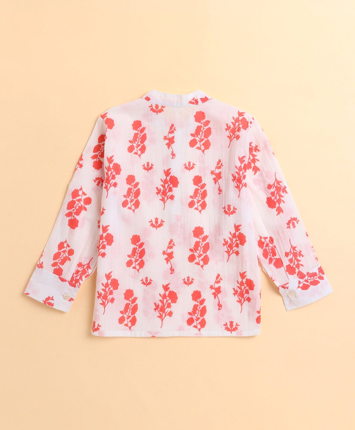 The Magic Wand Cotton Floral Printed Full Sleeves Short Kurta-Peach