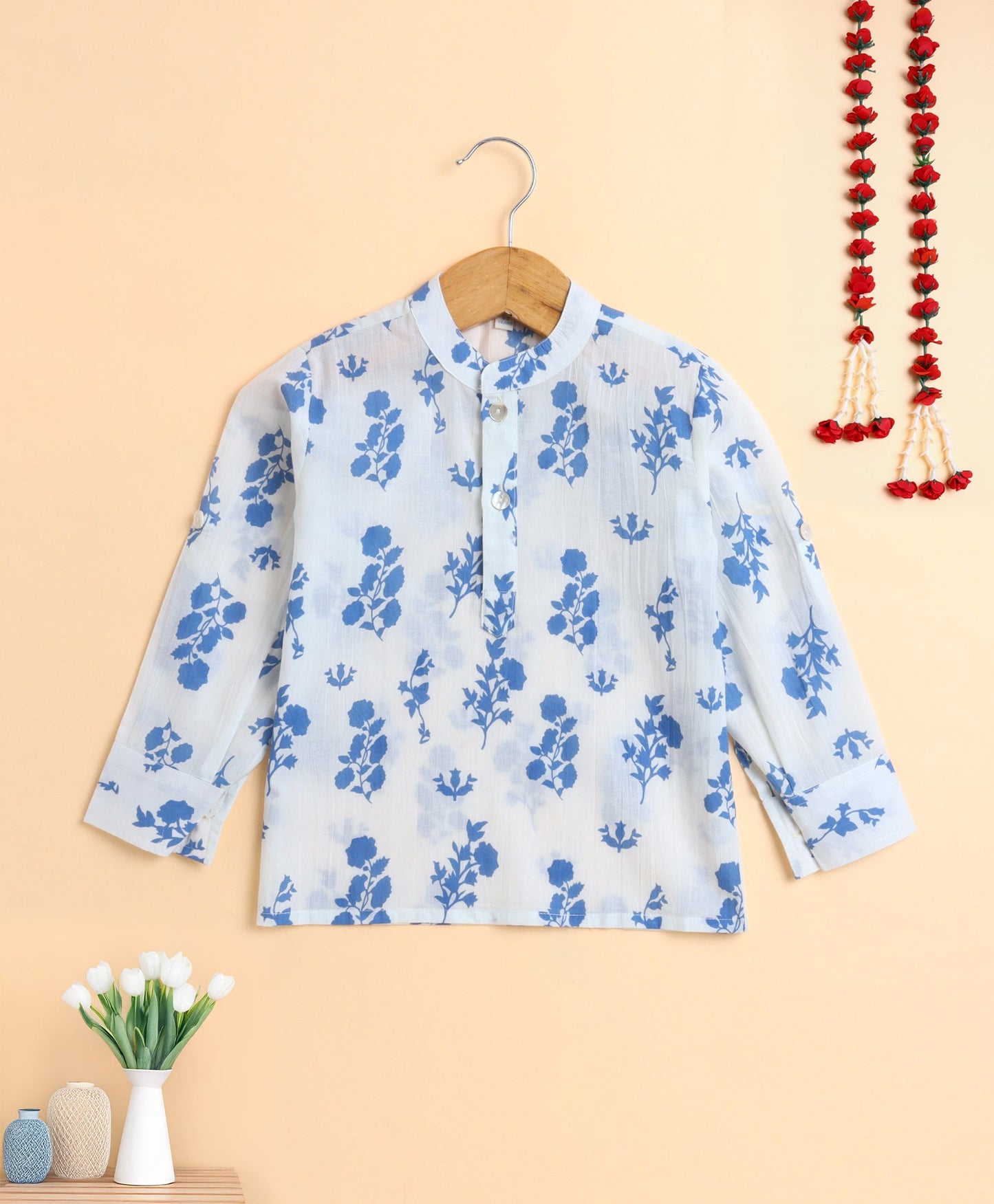 The Magic Wand Cotton Floral Printed Full Sleeves Short Kurta-Blue