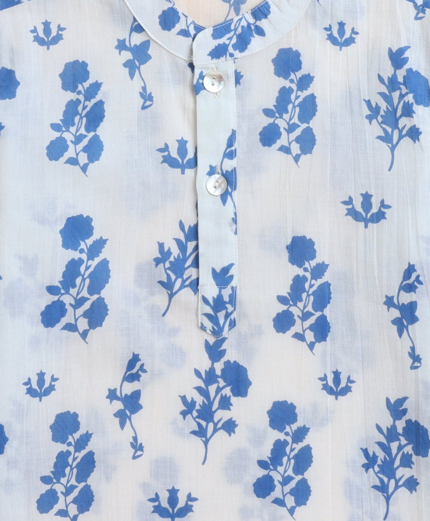 Cotton Floral Printed Full Sleeves Short Kurta-Blue