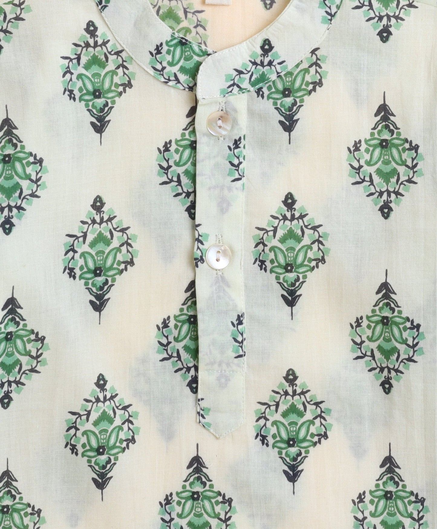 Cotton Hand Block Printed Full Sleeves Short Kurta-Green