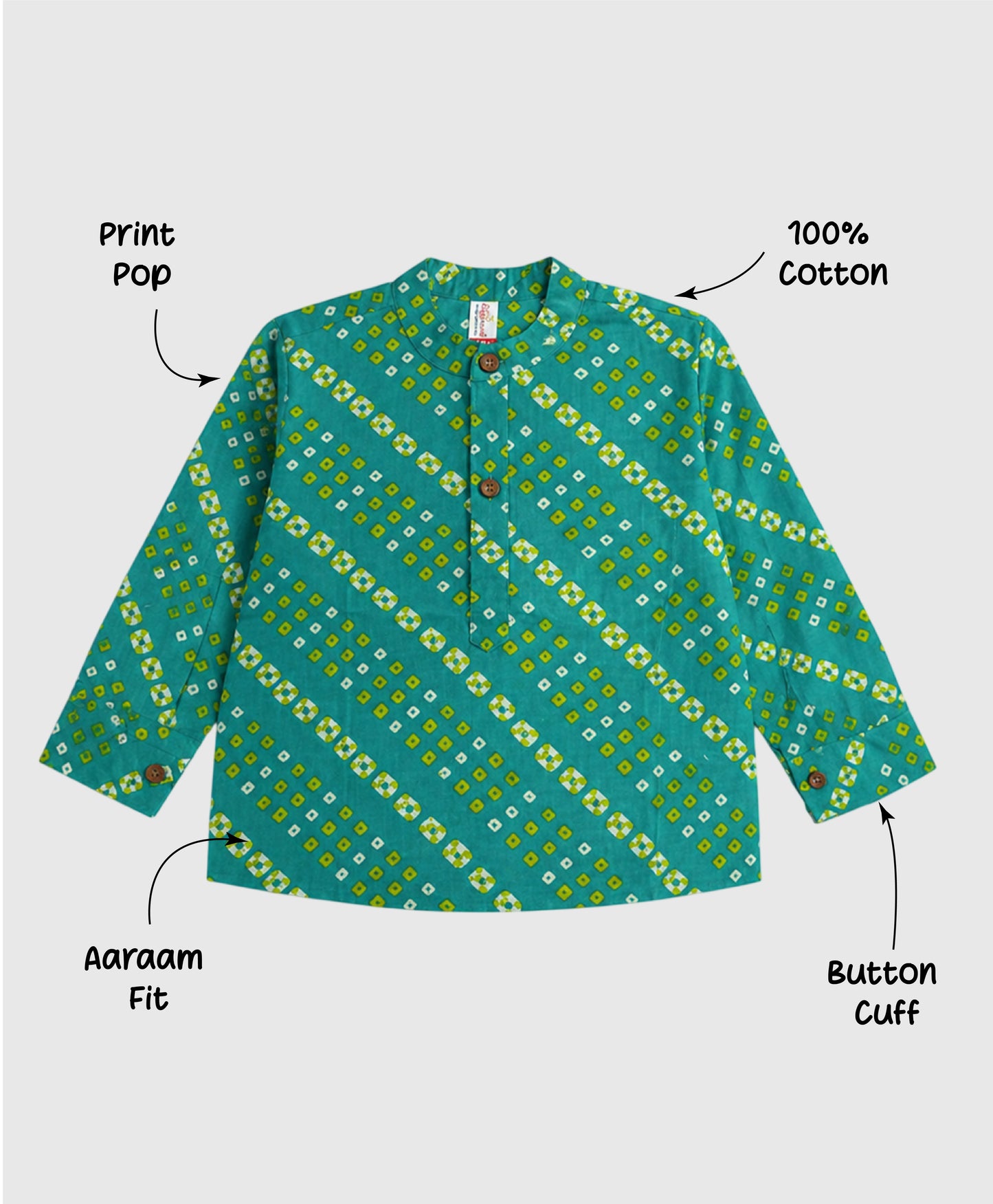 The Magic Wand Cotton Woven Full Sleeves Geometric Printed Short Kurta - Turquoise
