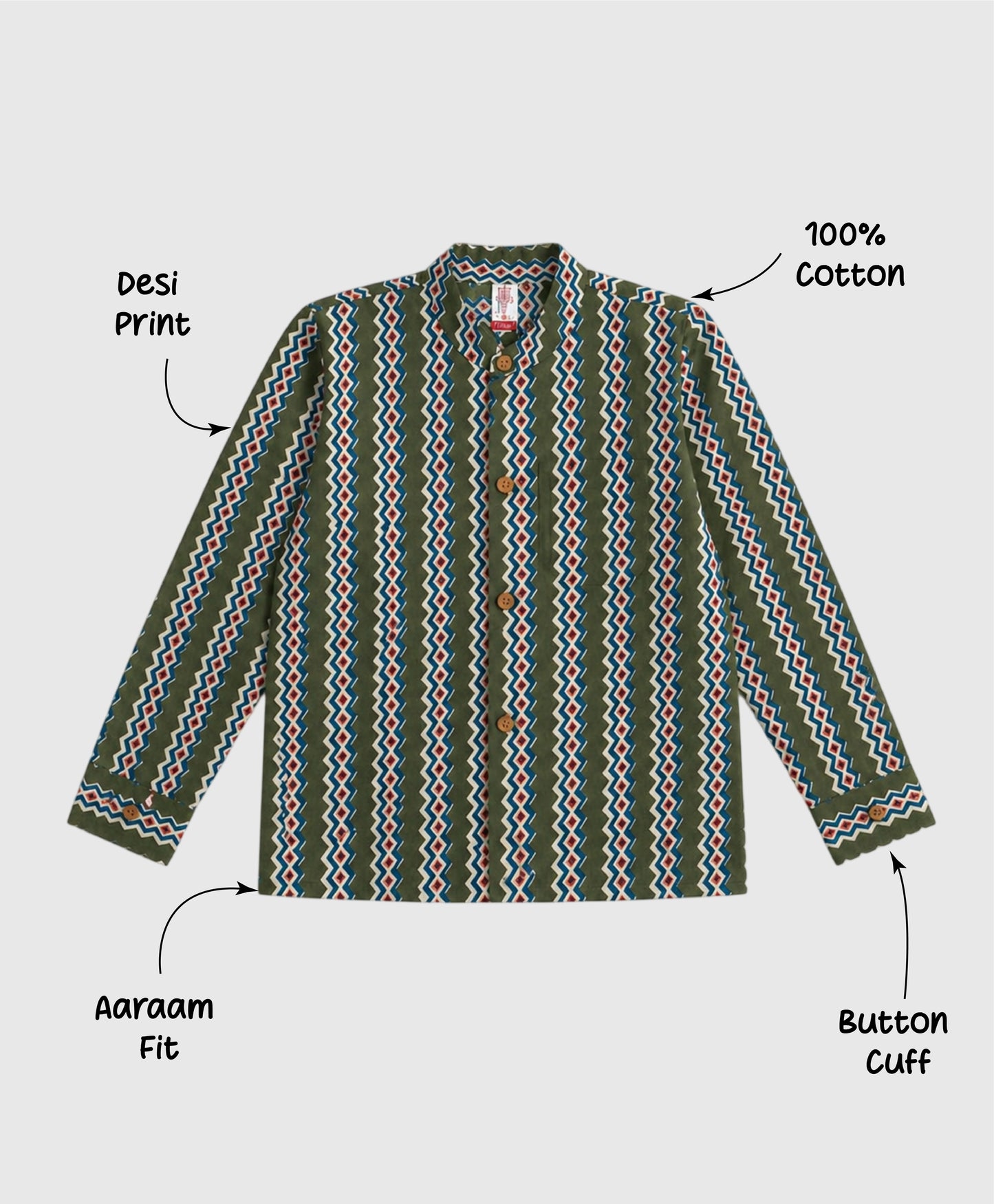 The Magic Wand Cotton Woven Full Sleeves Zig Zag Printed Short Kurta - Olive Green