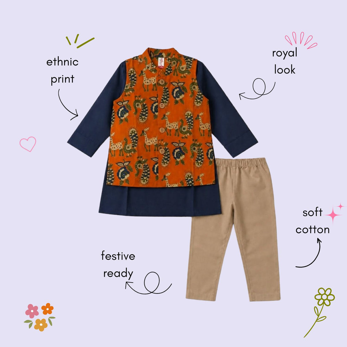 The Magic Wand Cambric Woven Solid Kurta With Ethnic Animal Printed Jacket And Pyjama - Orange