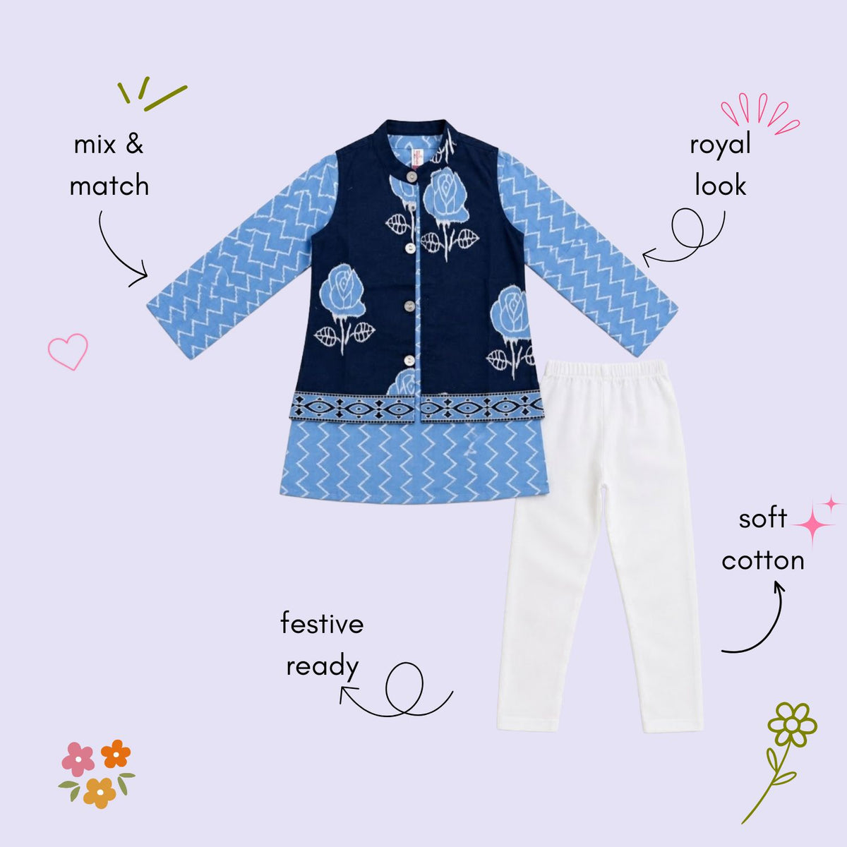 The Magic Wand Cambric Woven Chevron Printed Kurta With Floral Jacket And Pyjama - Blue