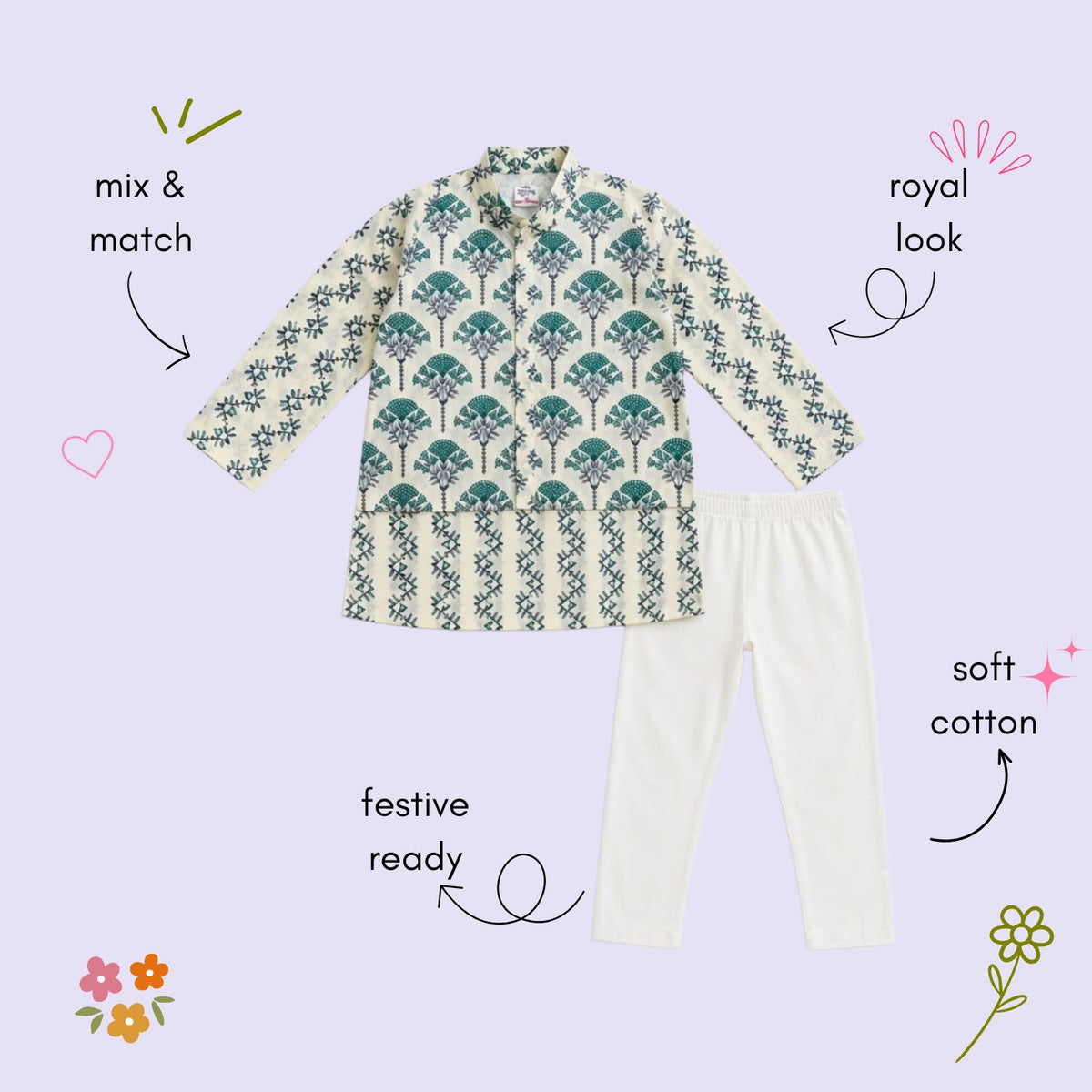 The Magic Wand Cambric Woven Striped Kurta With Tree Motif Jacket And Pyjama - Off White