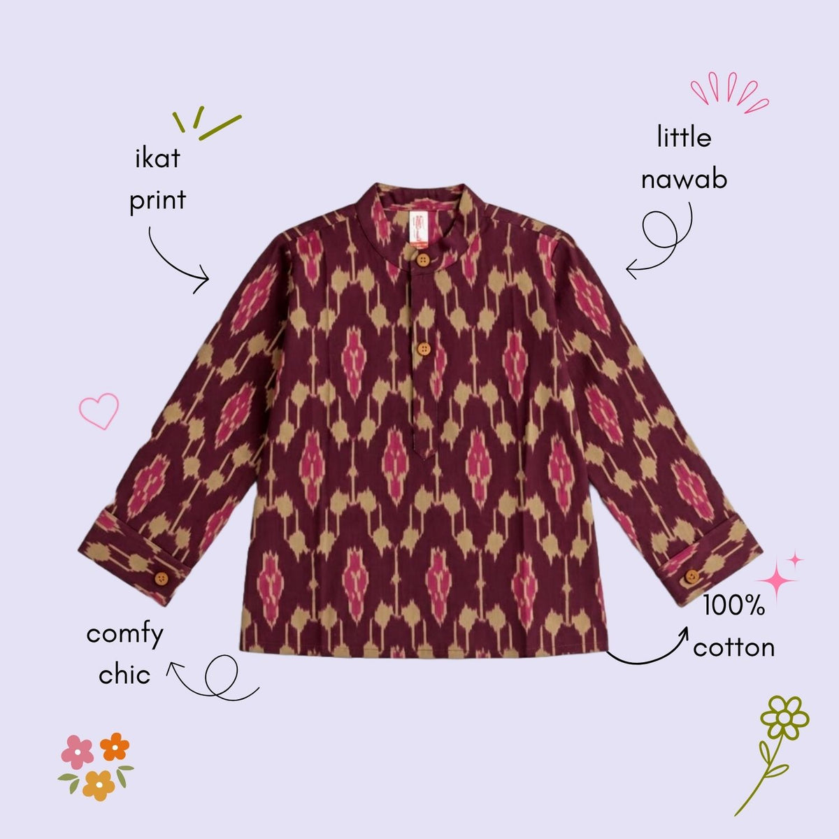 The Magic Wand Cotton Woven Cambric Full Sleeves Ikat Printed Kurta - Wine