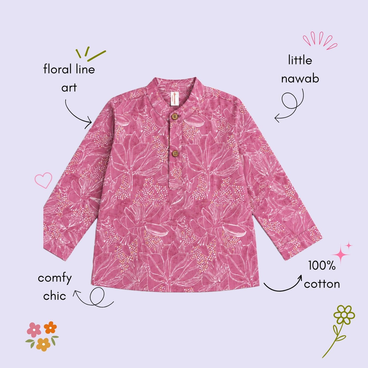 The Magic Wand Cotton Woven Cambric Full Sleeves Floral Printed Kurta - Lavender