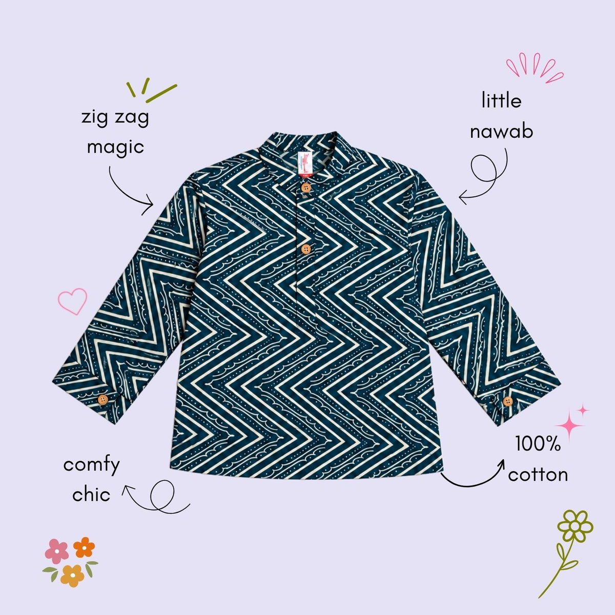 The Magic Wand Cotton Woven Cambric Full Sleeves Zig Zag Printed Kurta - Teal Blue