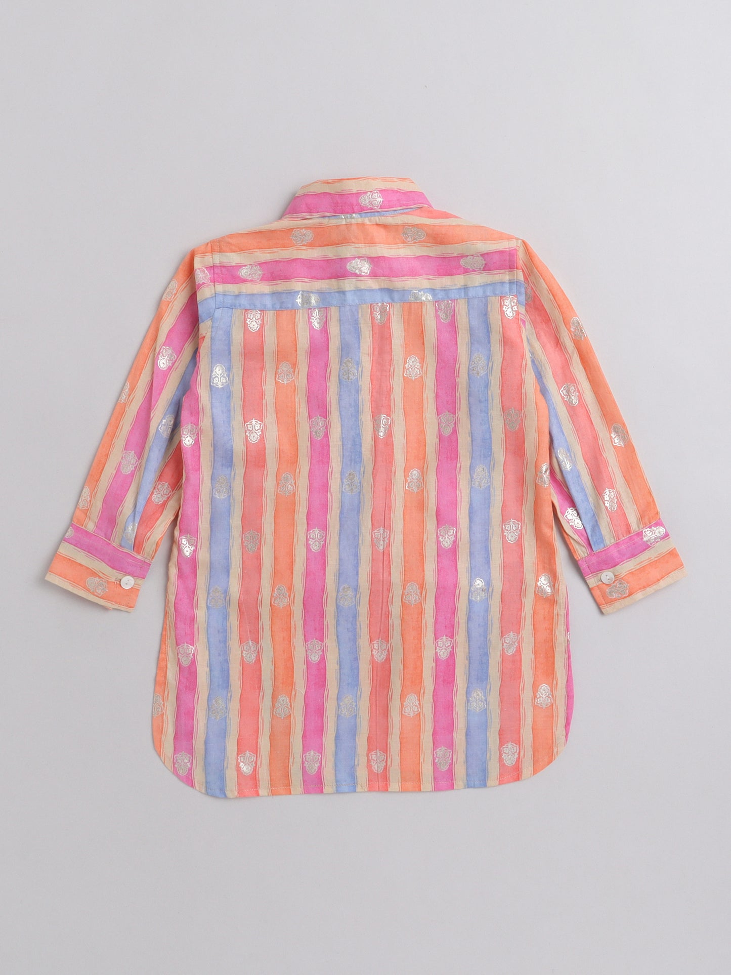 Stripes Printed Mandarin Collar Full Sleeves Pathani Kurta and Pant Set For Boys-Peach