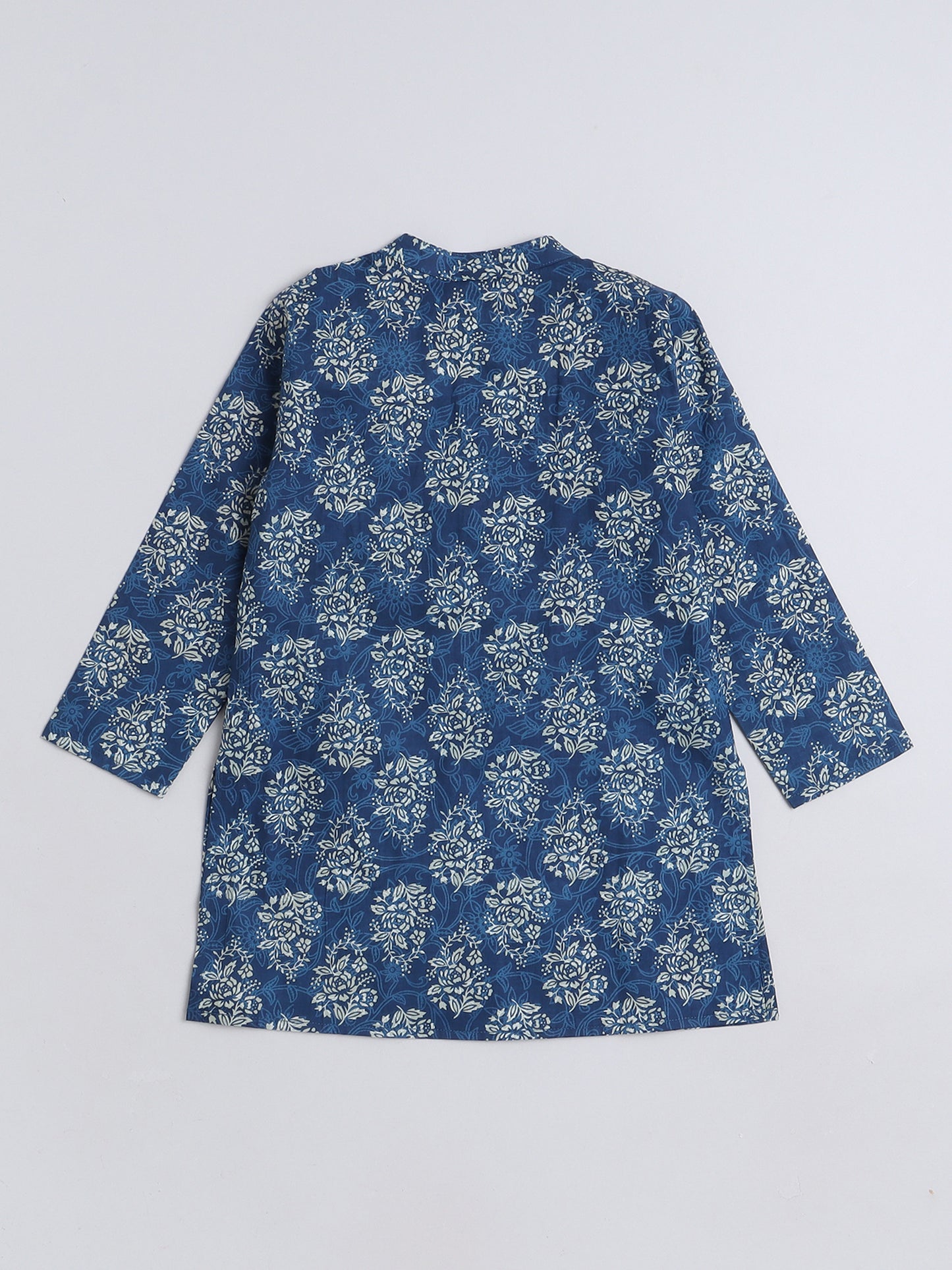 Floral Printed Mandarin Collar Full Sleeves Kurta and Pyjama Set For Boys-Blue